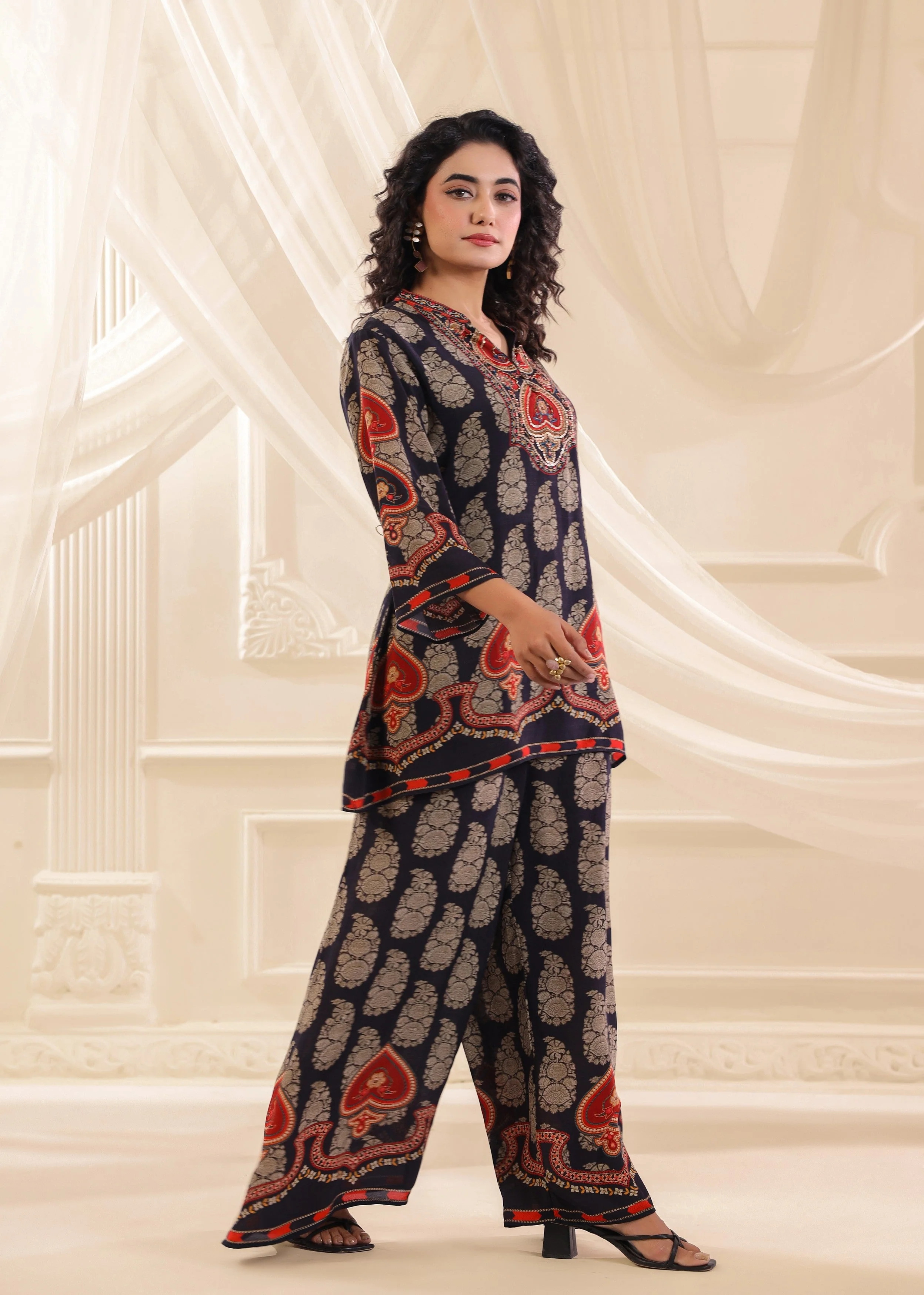 Midnight Blue Embellished Crepe Silk Co-Ord Set - Image 4