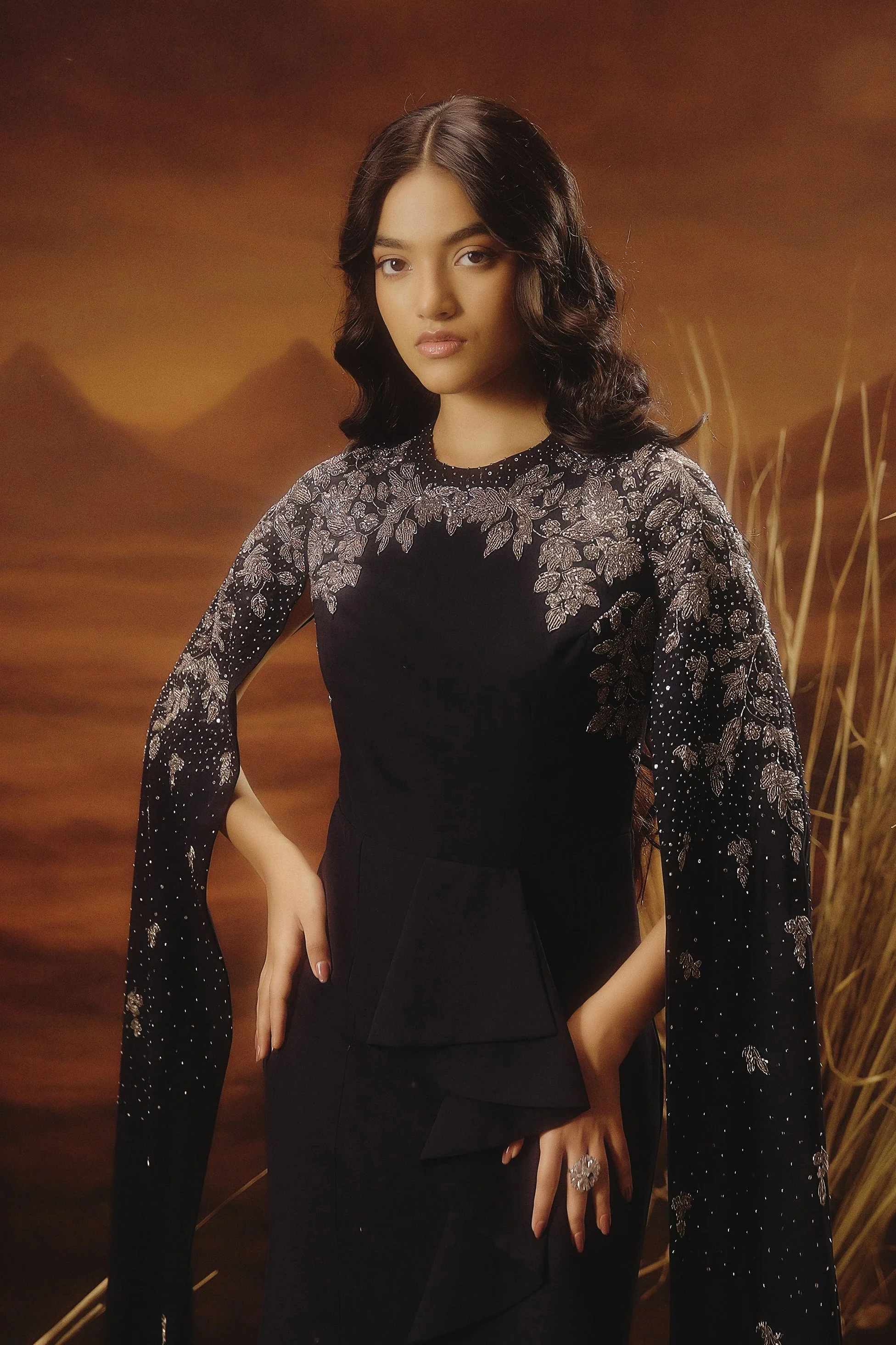 Midnight Blue Embellished Georgette Silk Gown - Image 3