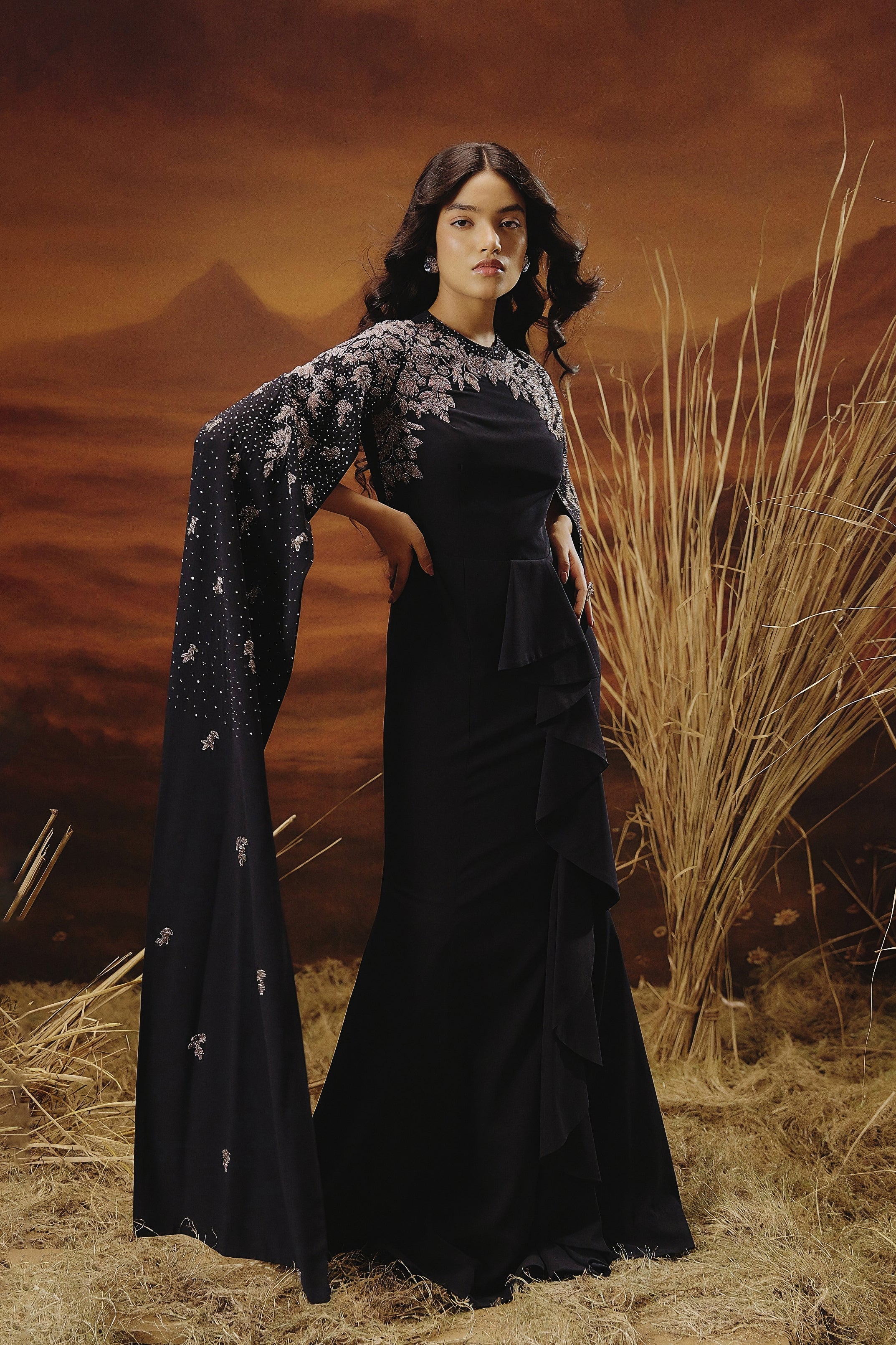 Midnight Blue Embellished Georgette Silk Gown - Image 5