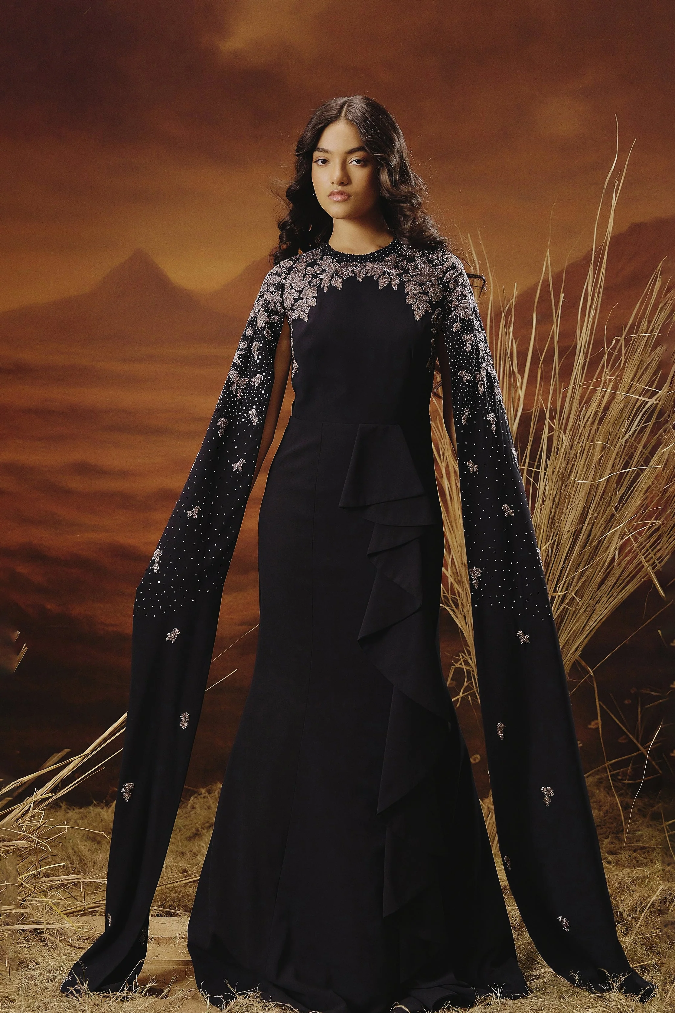 Midnight Blue Embellished Georgette Silk Gown - Image 6