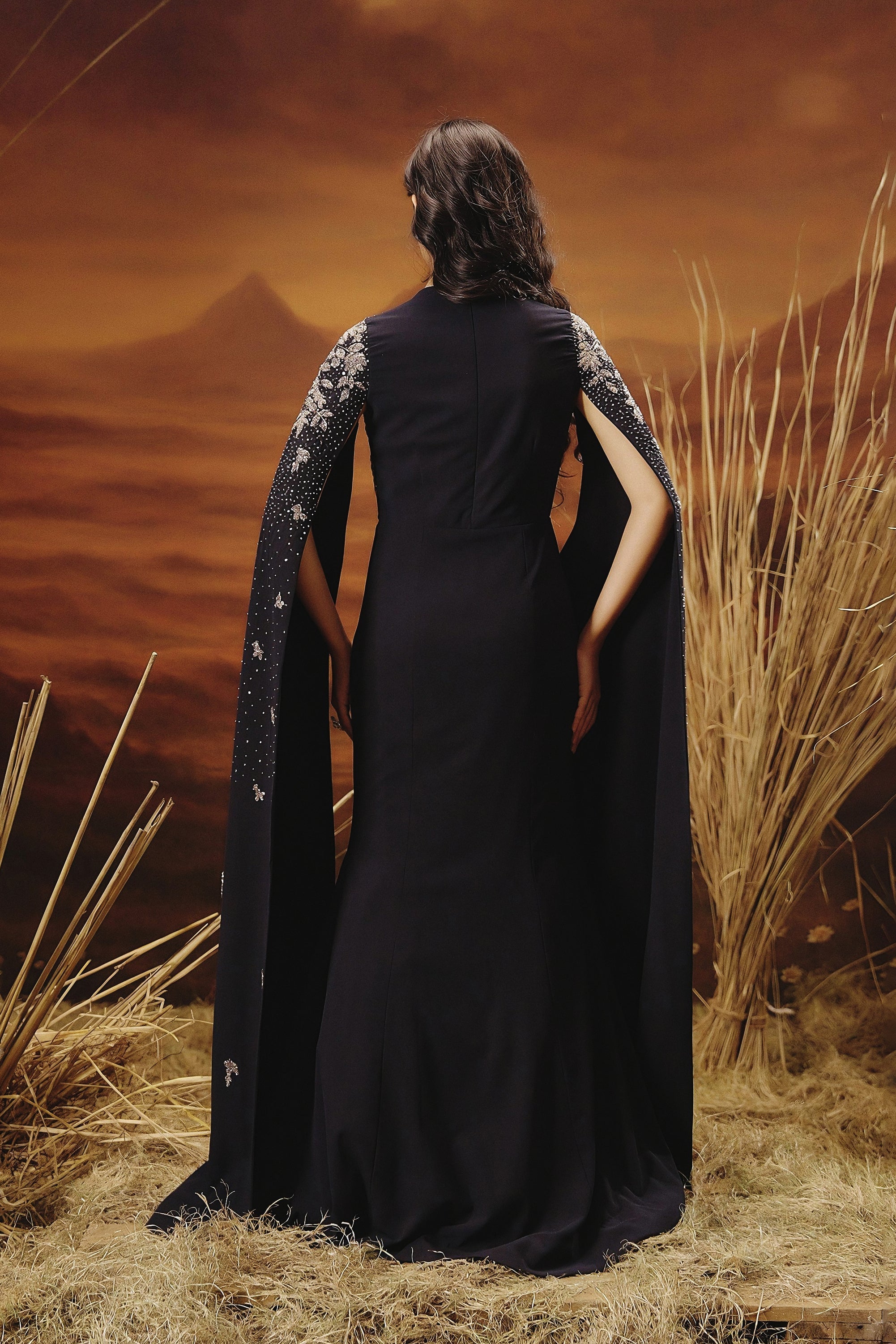 Midnight Blue Embellished Georgette Silk Gown - Image 7