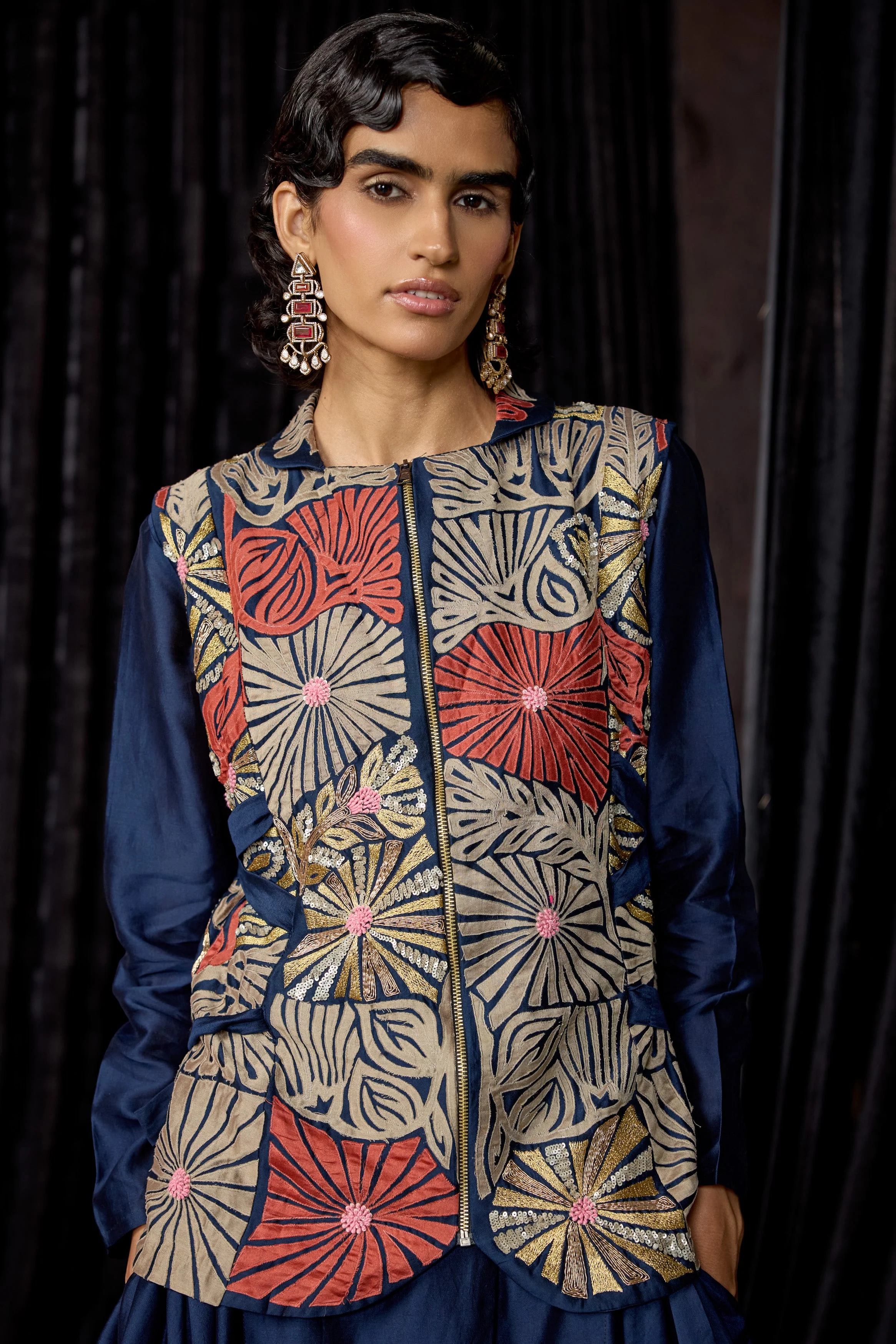 Midnight Blue Embellished Raw Silk Tunic Set - Image 3