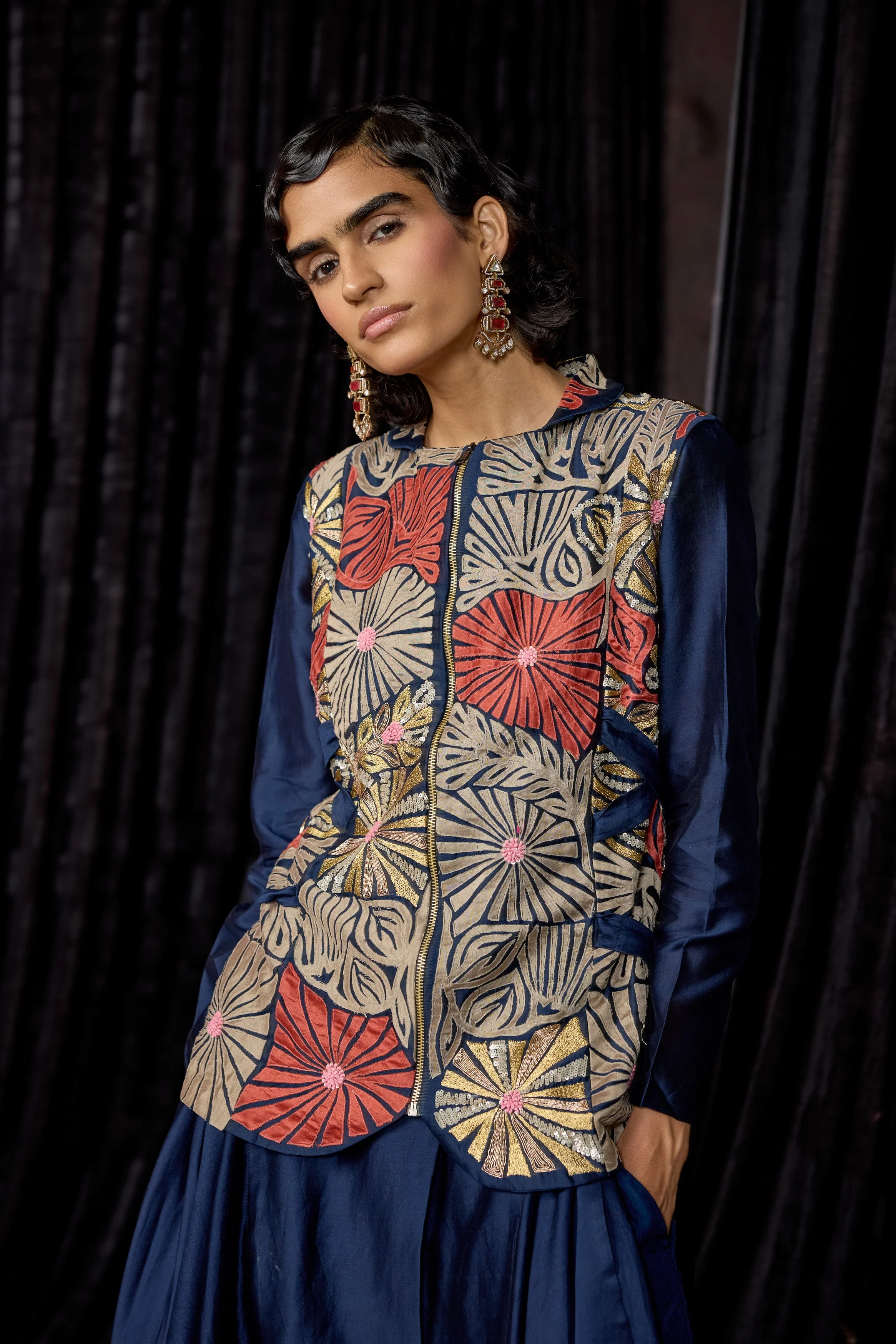 Midnight Blue Embellished Raw Silk Tunic Set - Image 4