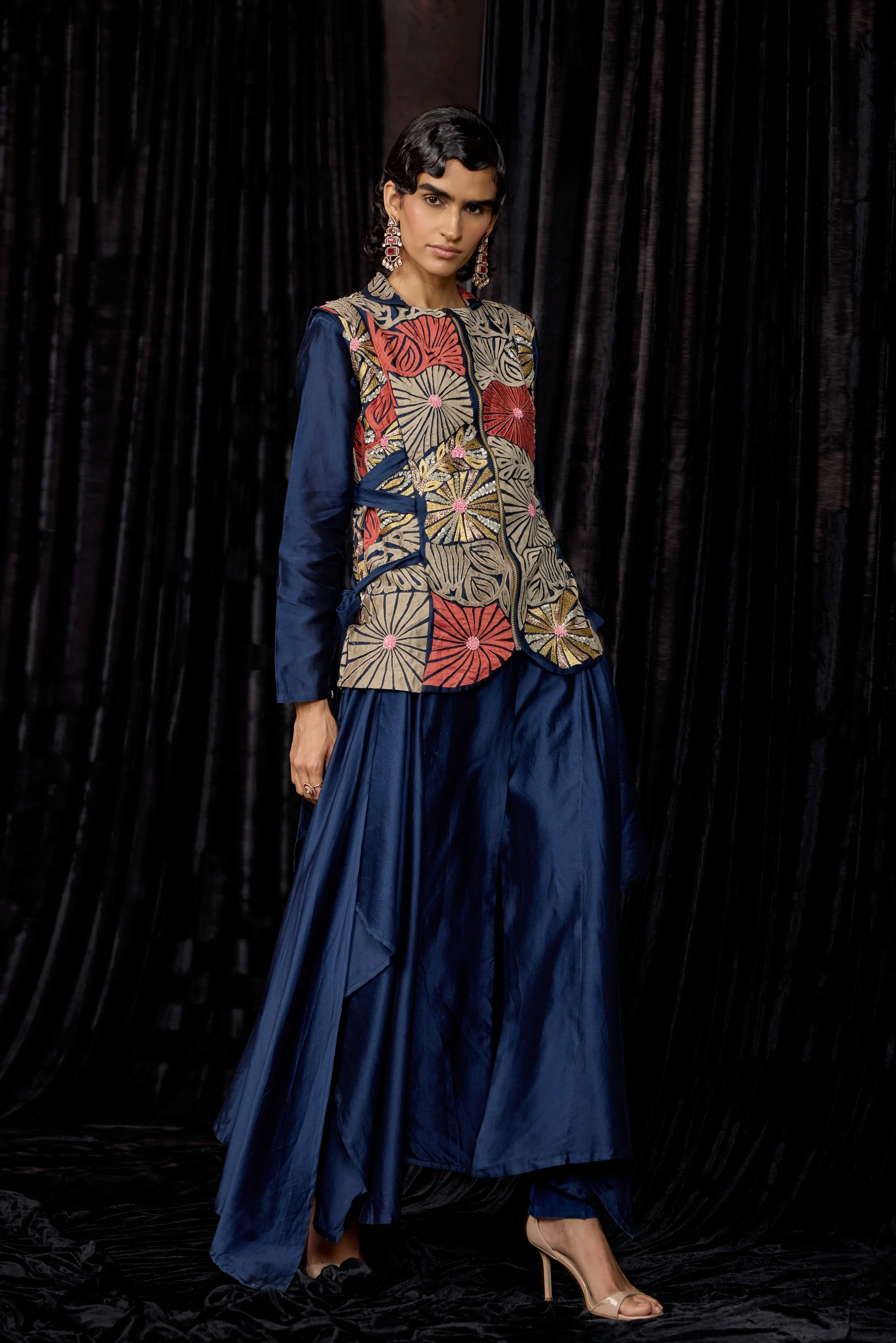 Midnight Blue Embellished Raw Silk Tunic Set - Image 5