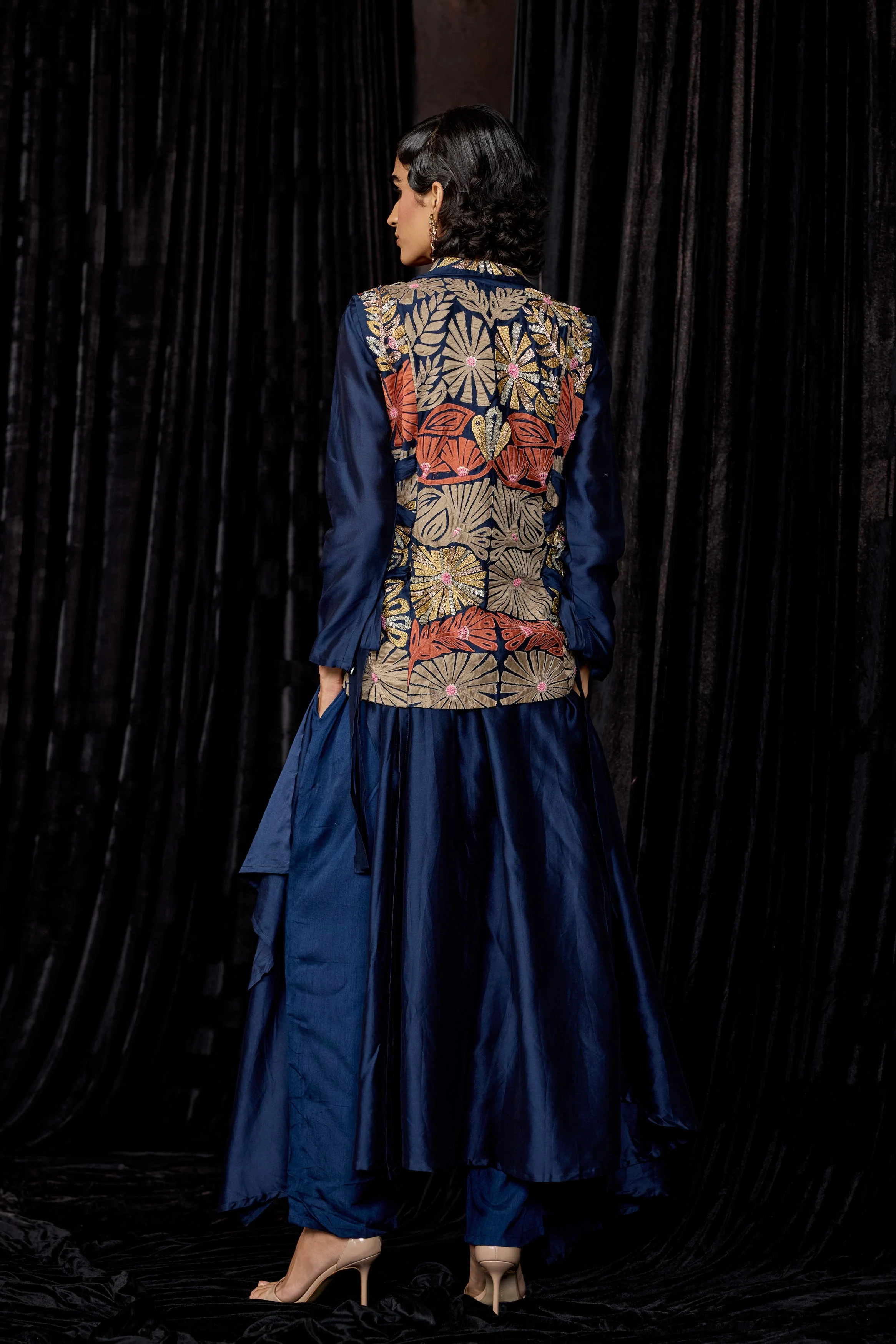Midnight Blue Embellished Raw Silk Tunic Set - Image 6