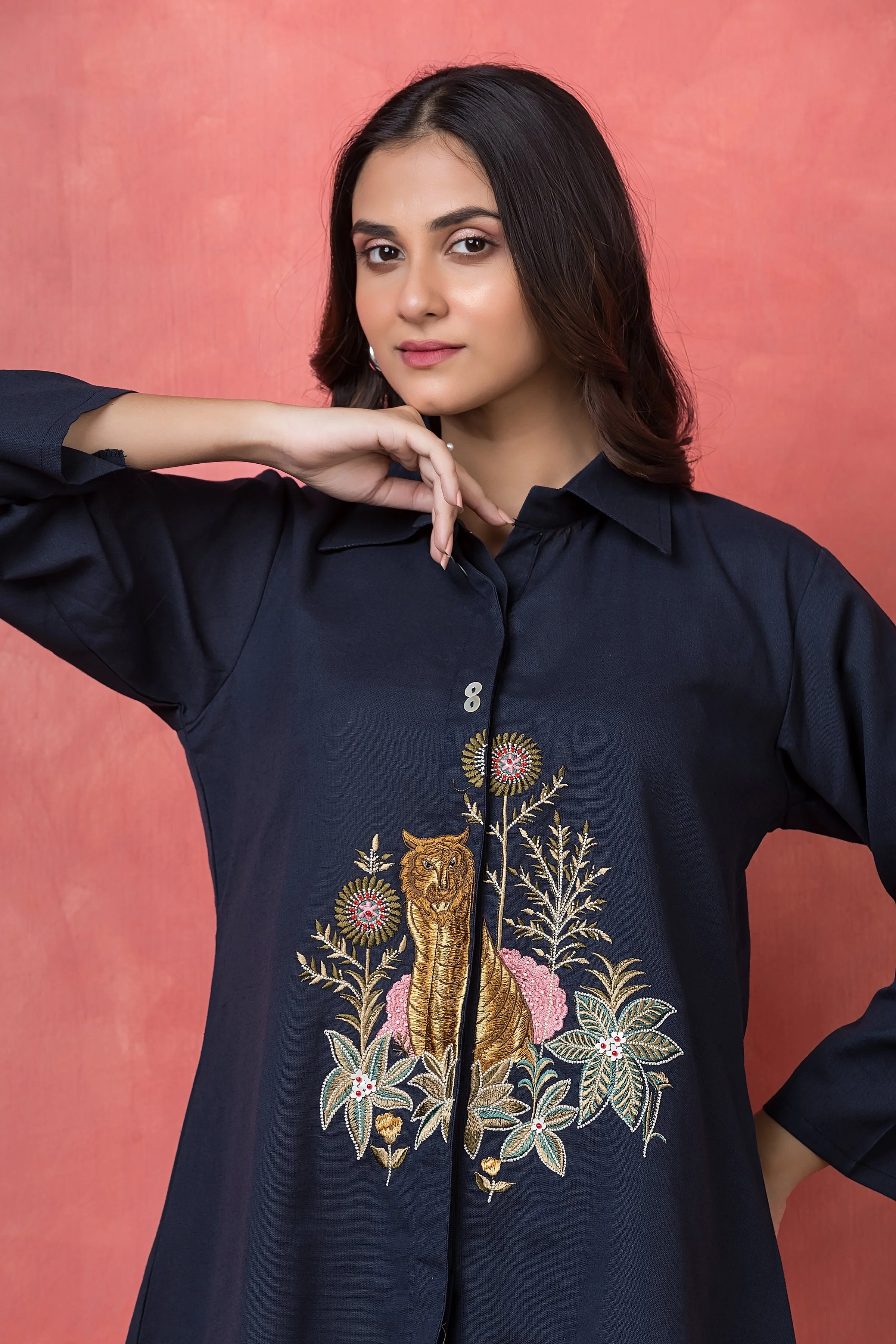 Midnight Blue Embroidered Cotton Co-Ord Set - Image 2