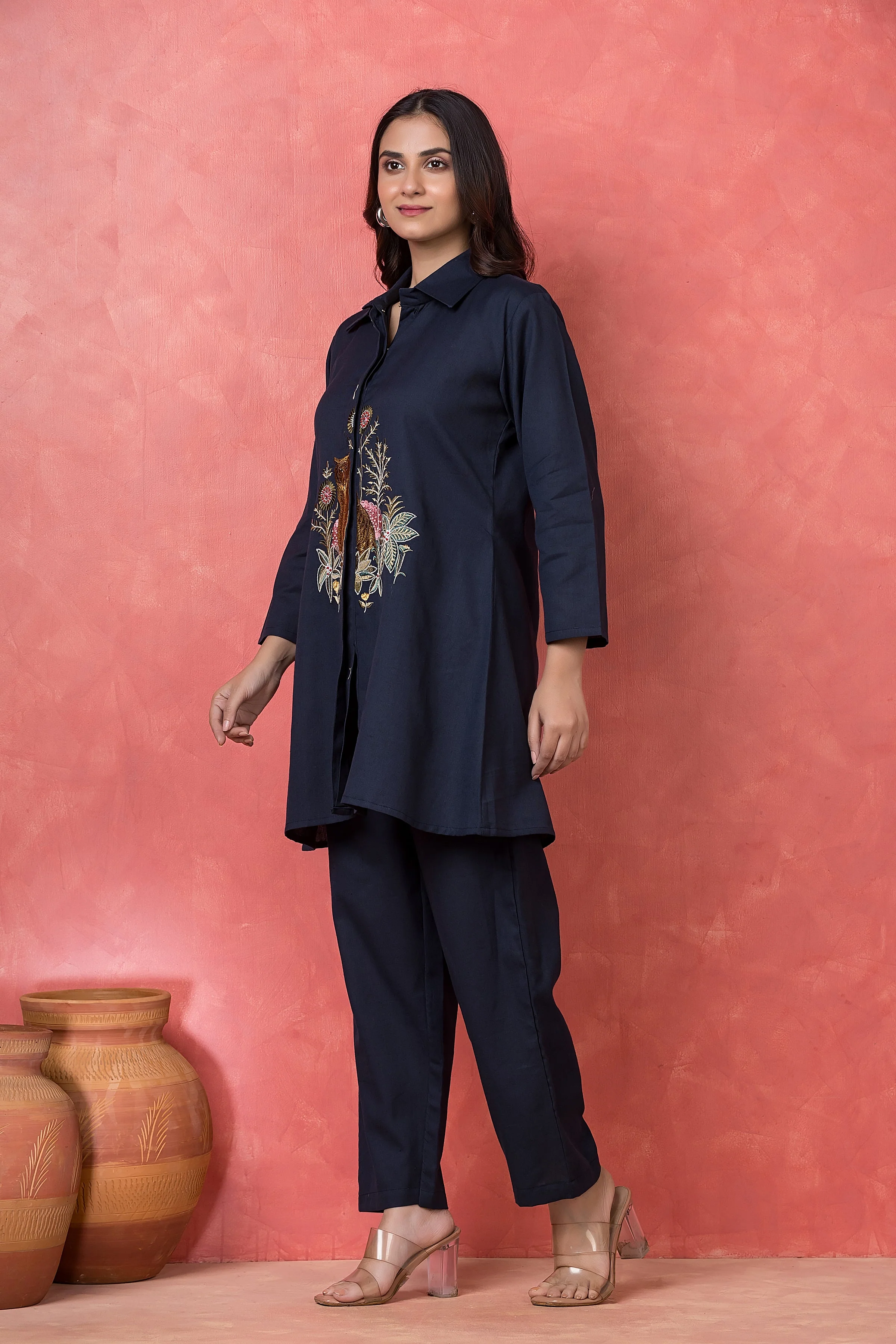 Midnight Blue Embroidered Cotton Co-Ord Set - Image 3