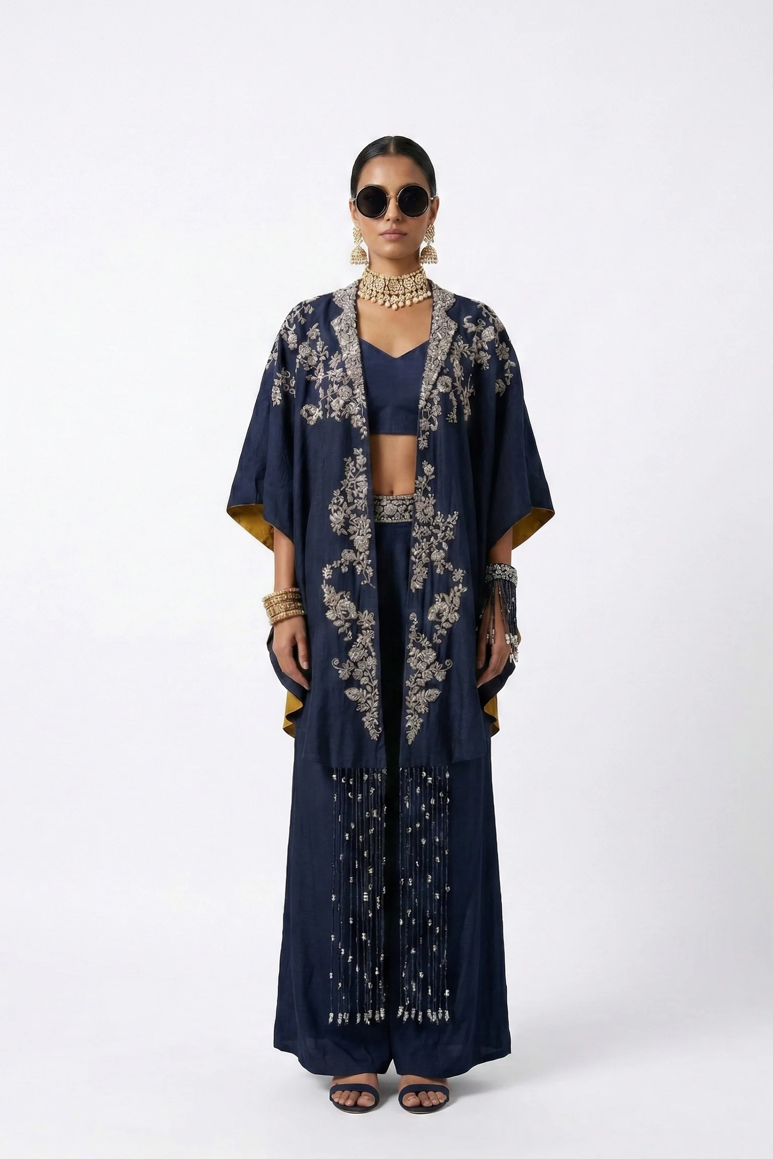 Midnight Blue Embroidered Dola Silk Cape Set