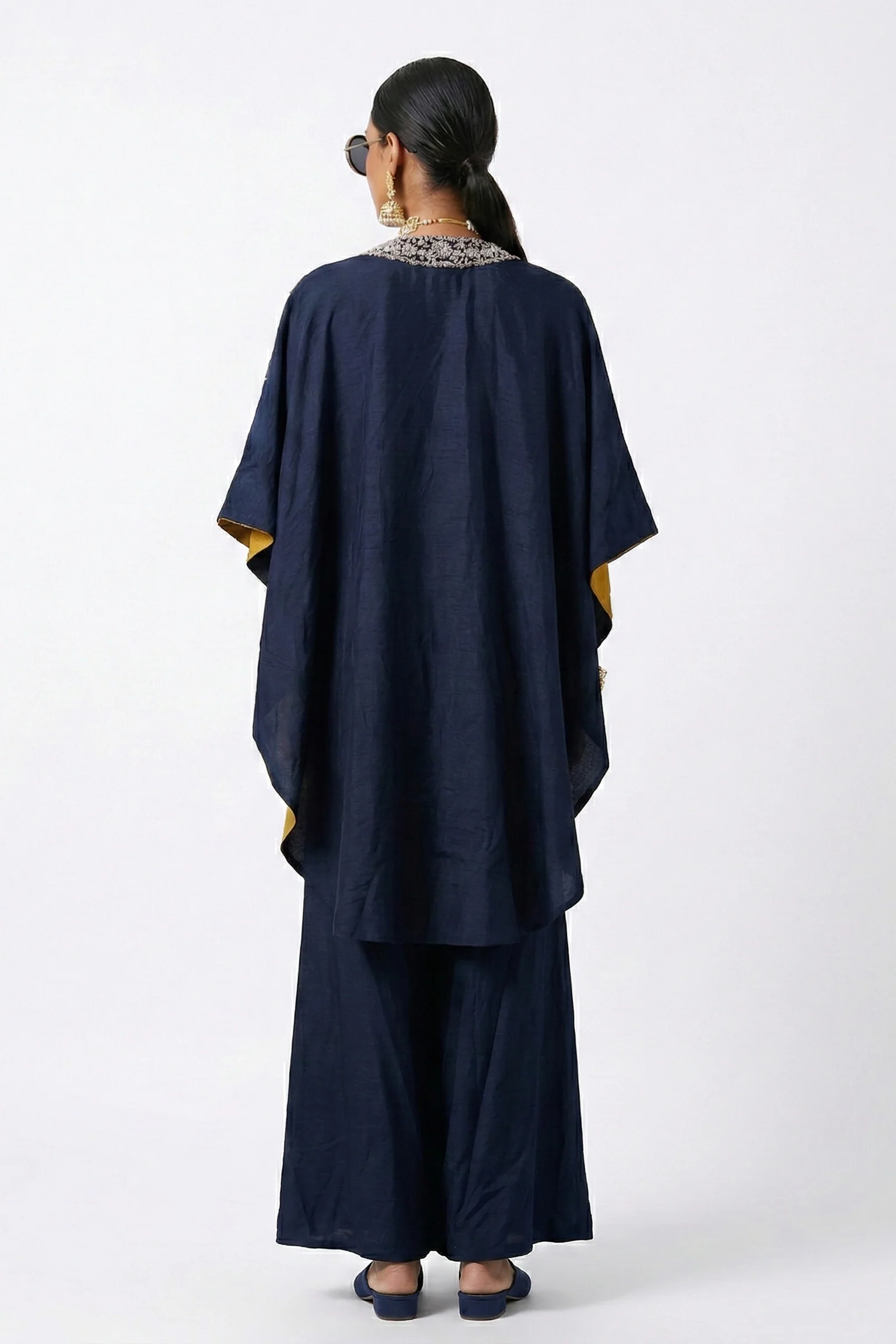 Midnight Blue Embroidered Dola Silk Cape Set - Image 2