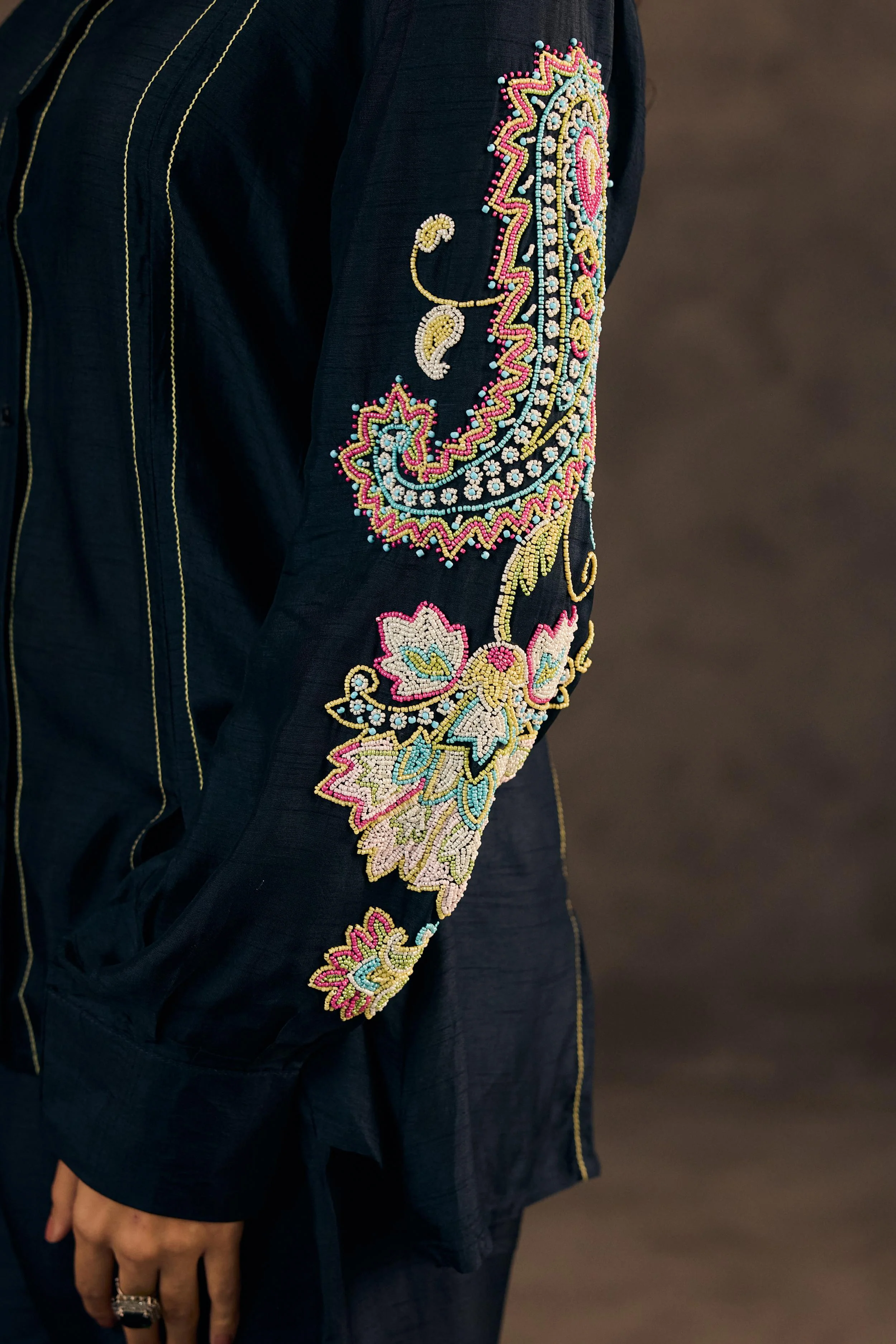 Midnight Blue Embroidered Raw Silk Co-Ord Set - Image 2