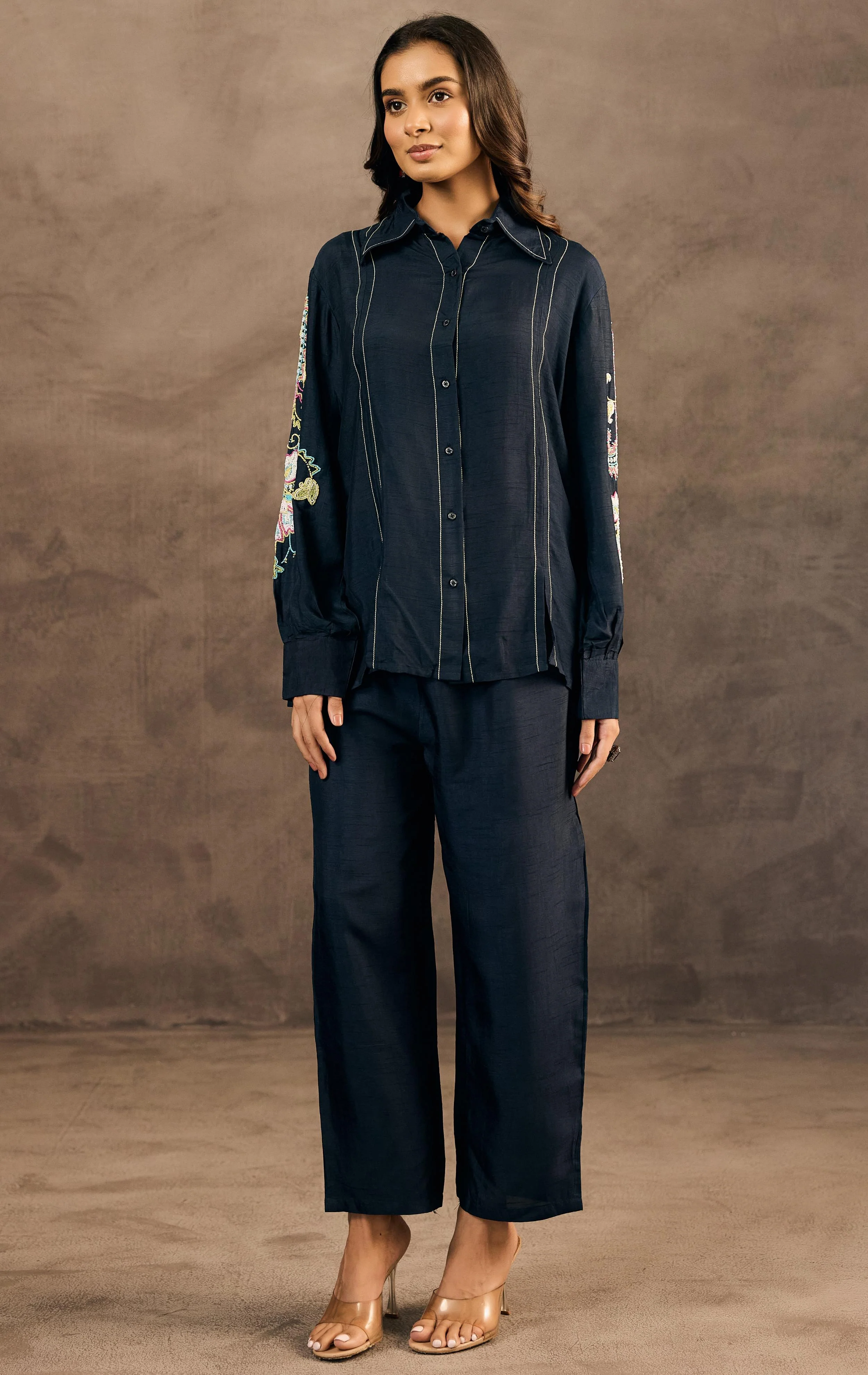 Midnight Blue Embroidered Raw Silk Co-Ord Set - Image 3