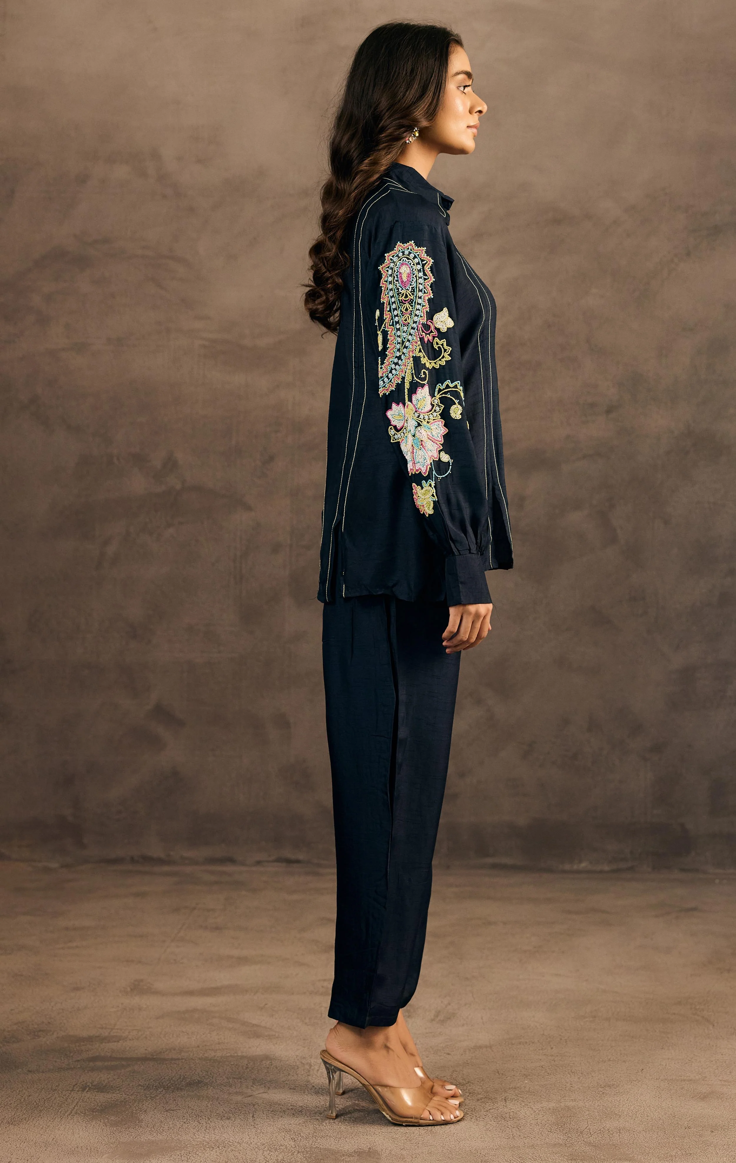 Midnight Blue Embroidered Raw Silk Co-Ord Set - Image 4