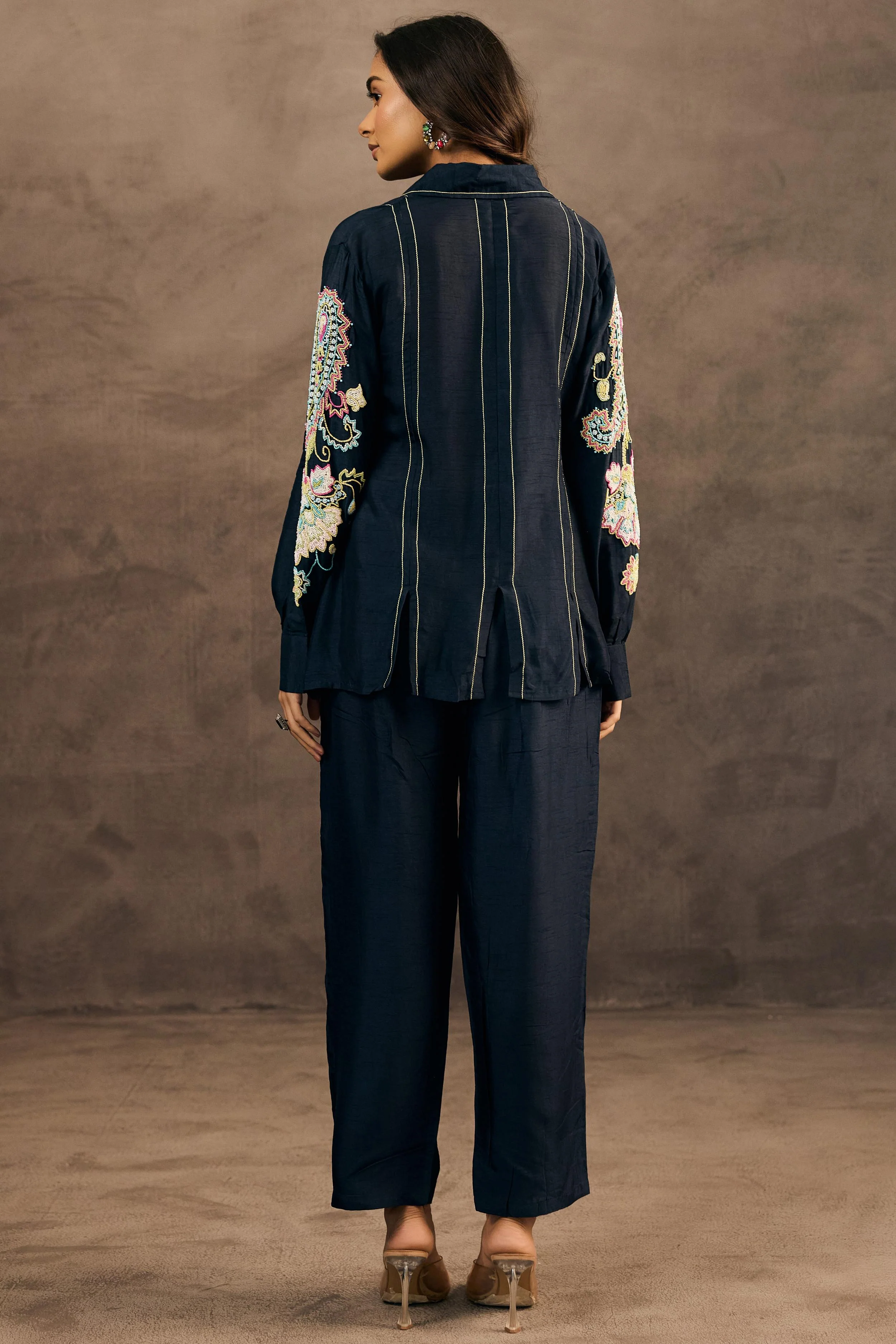 Midnight Blue Embroidered Raw Silk Co-Ord Set - Image 5