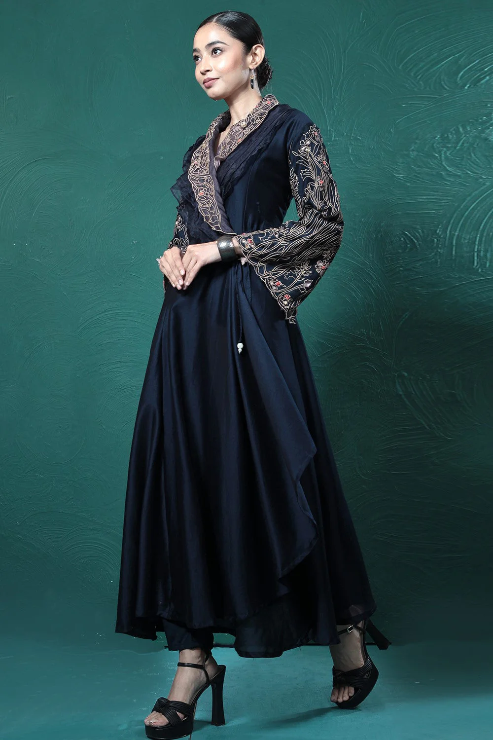 Midnight Blue Embroidered Wrap Dress - Image 2