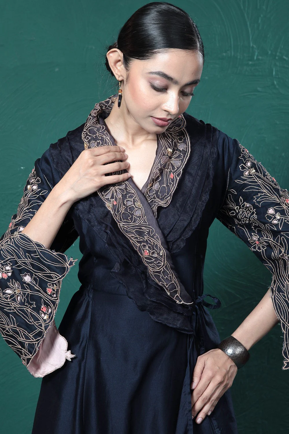 Midnight Blue Embroidered Wrap Dress - Image 4