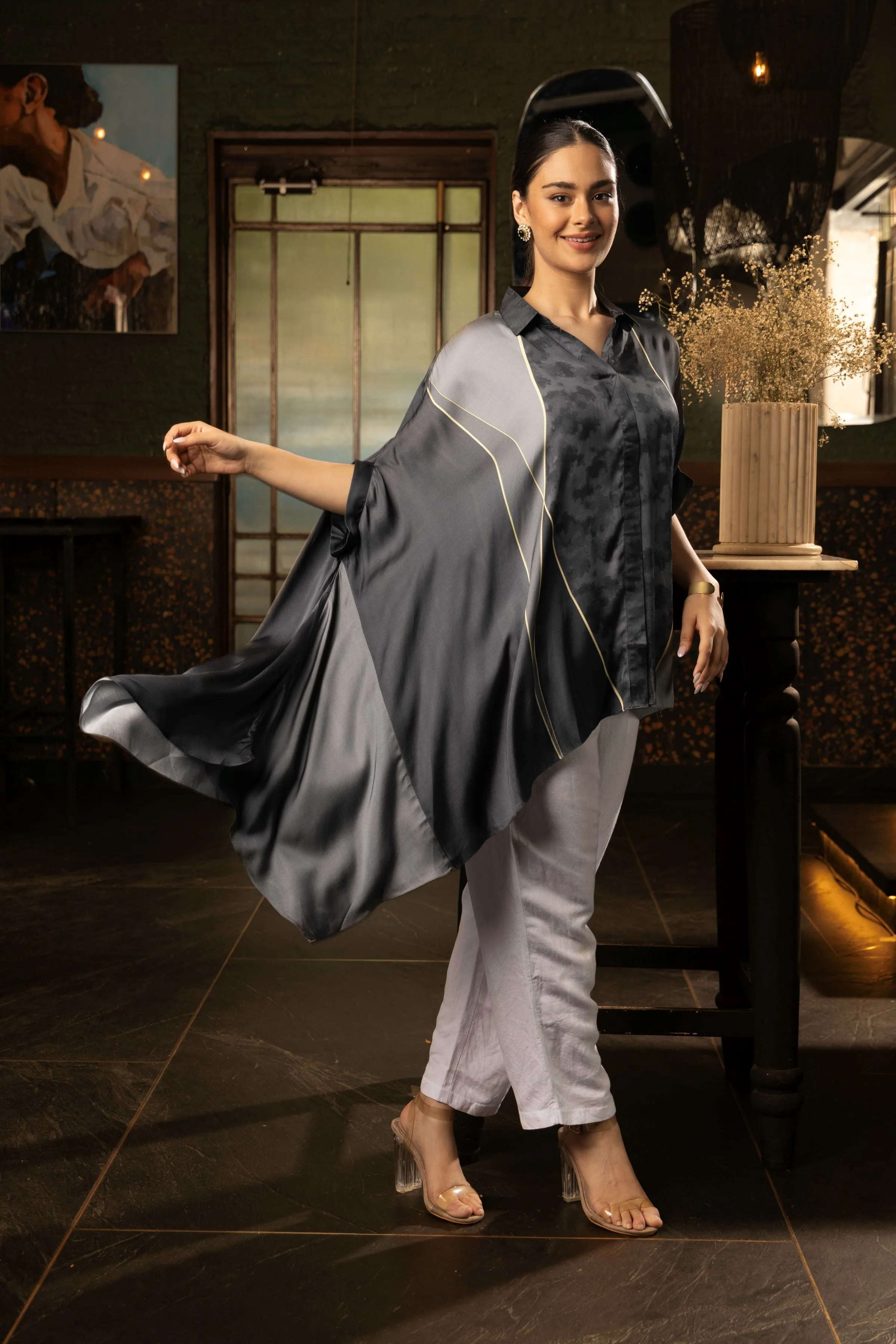 Charcoal Grey Ombre Satin Silk Tunic Top - Image 2