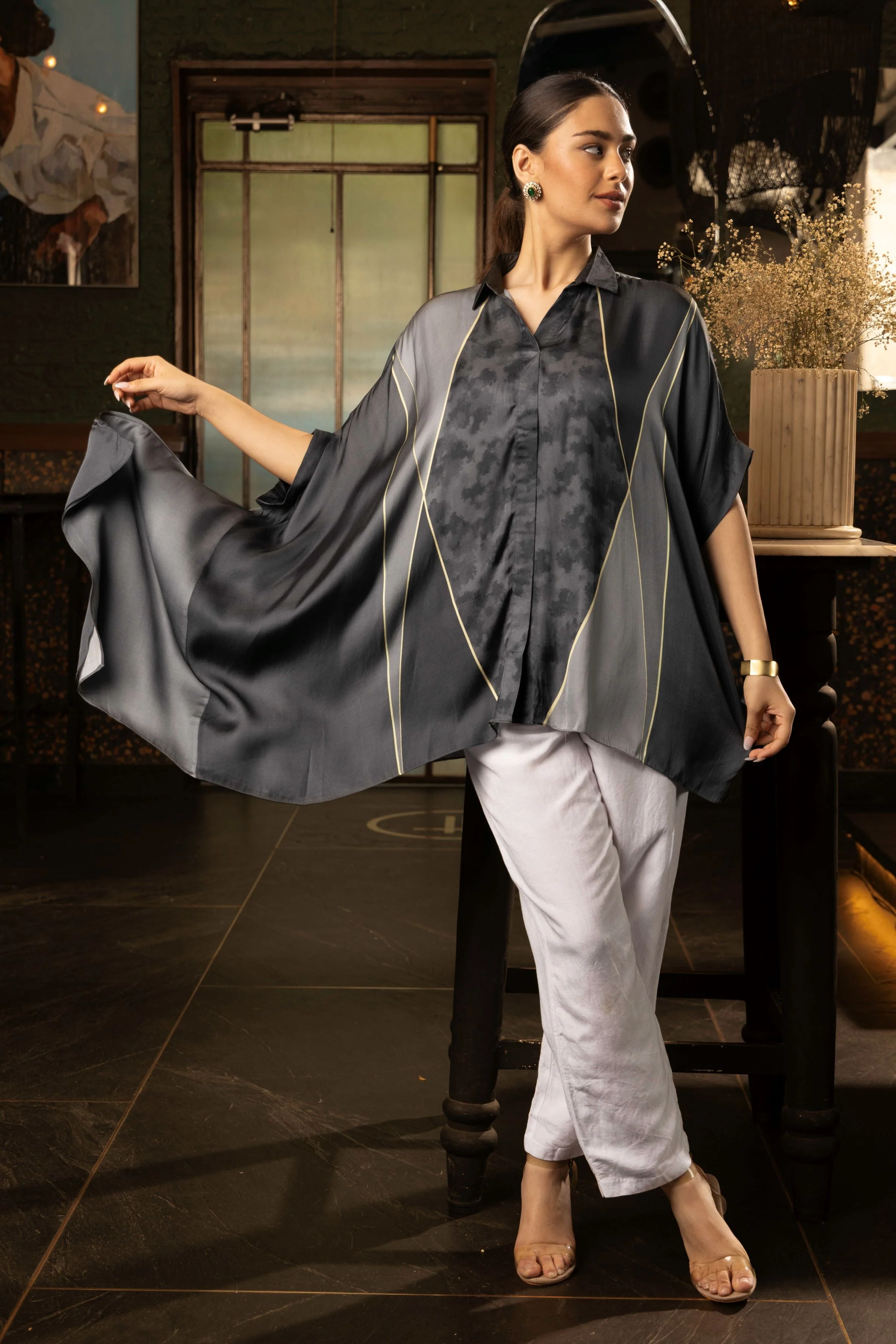 Charcoal Grey Ombre Satin Silk Tunic Top - Image 3
