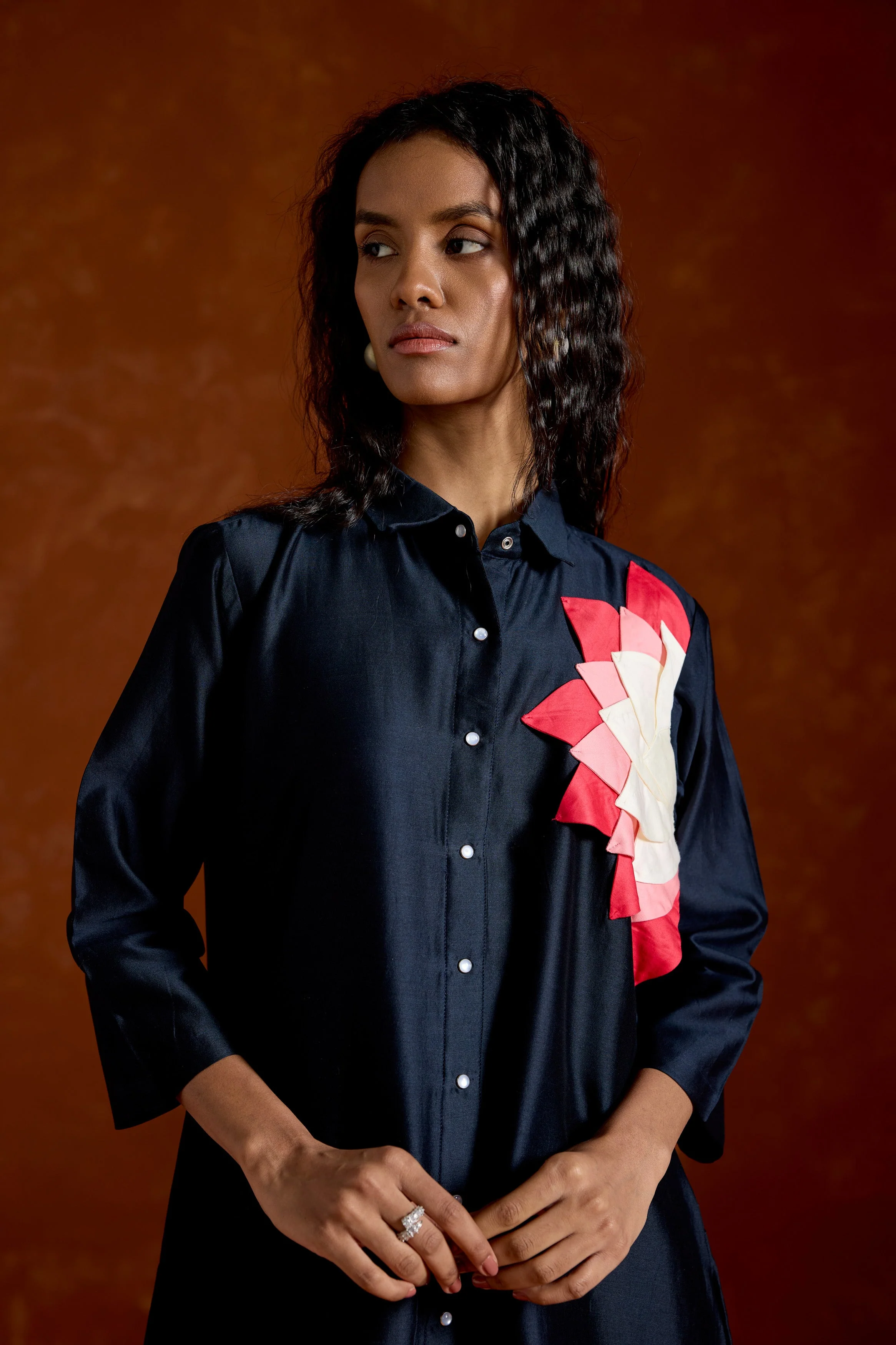 Midnight Blue Printed Chinon Silk Kurta Set - Image 3