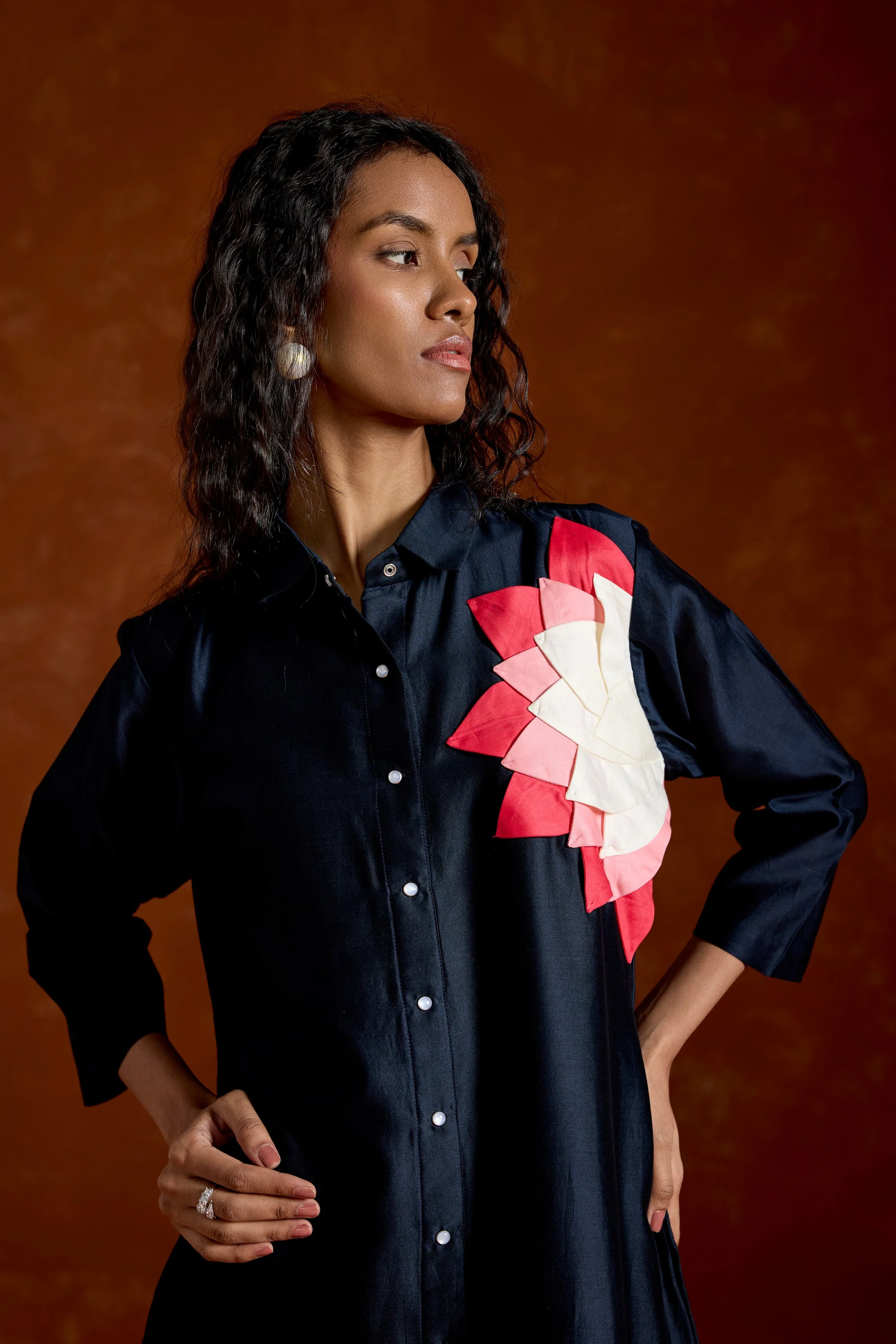 Midnight Blue Printed Chinon Silk Kurta Set - Image 4
