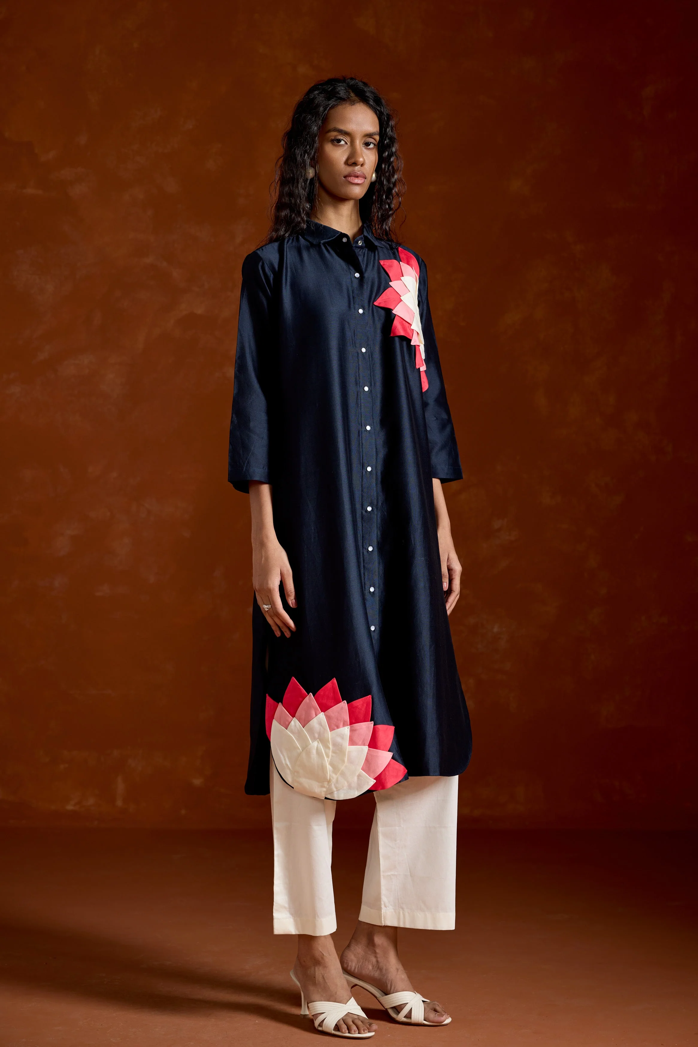 Midnight Blue Printed Chinon Silk Kurta Set - Image 5