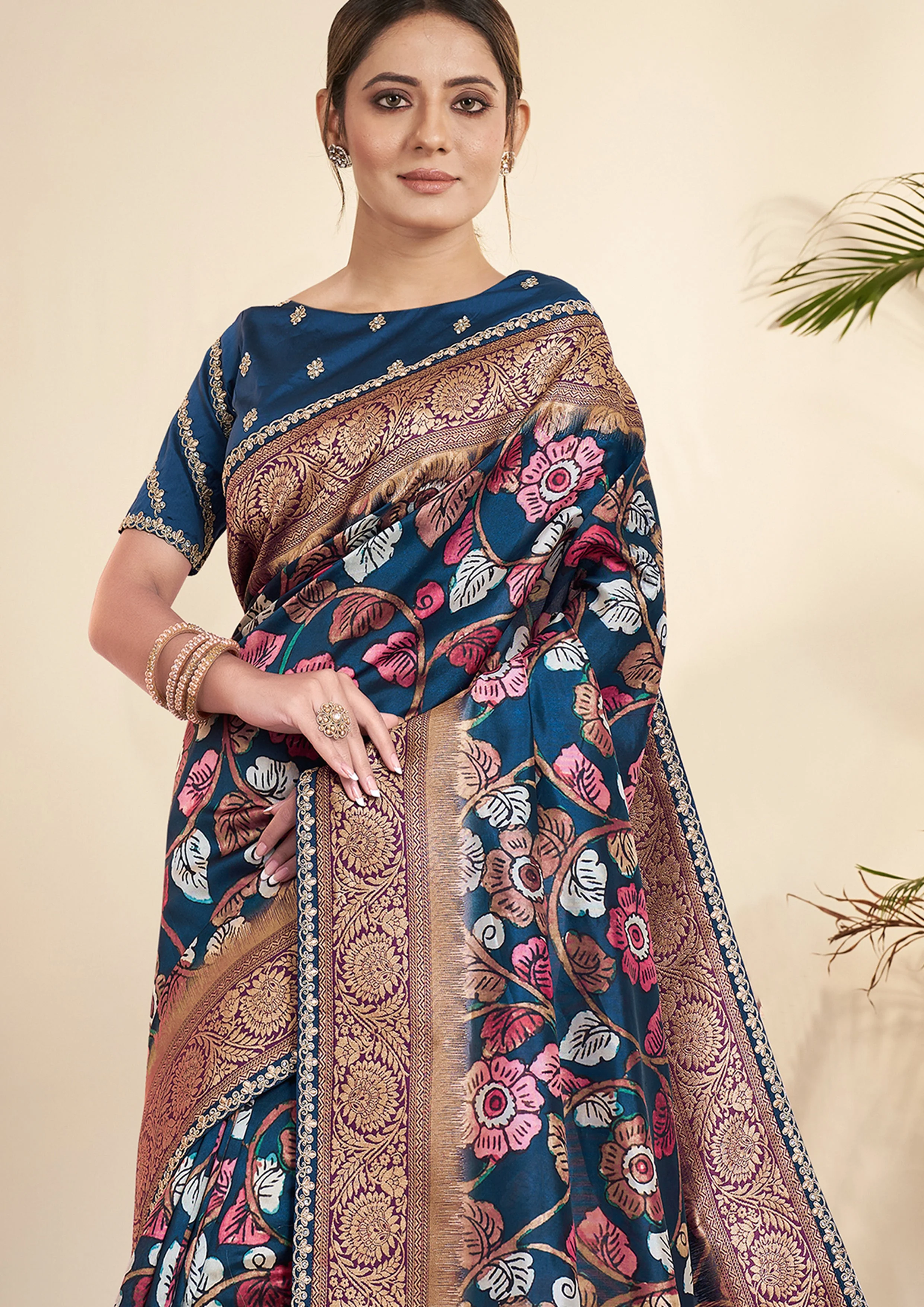 Midnight Blue Printed Tussar Silk Jacquard Saree - Image 2