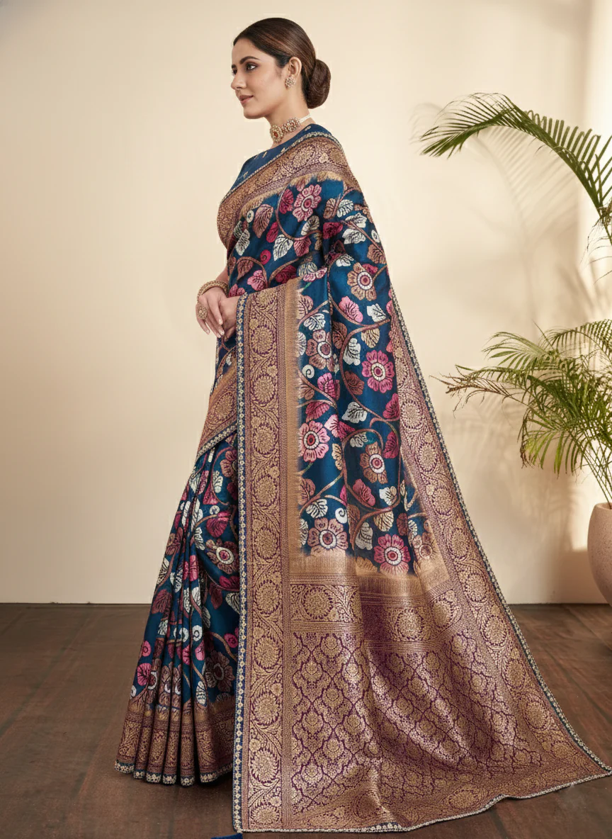 Midnight Blue Printed Tussar Silk Jacquard Saree - Image 3
