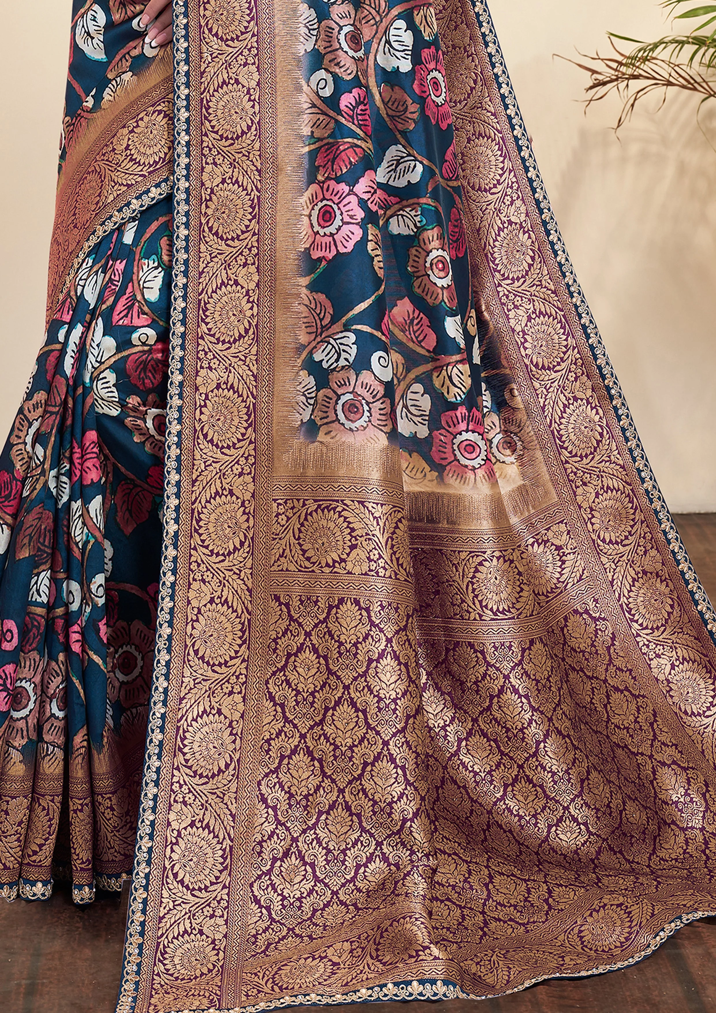 Midnight Blue Printed Tussar Silk Jacquard Saree - Image 4