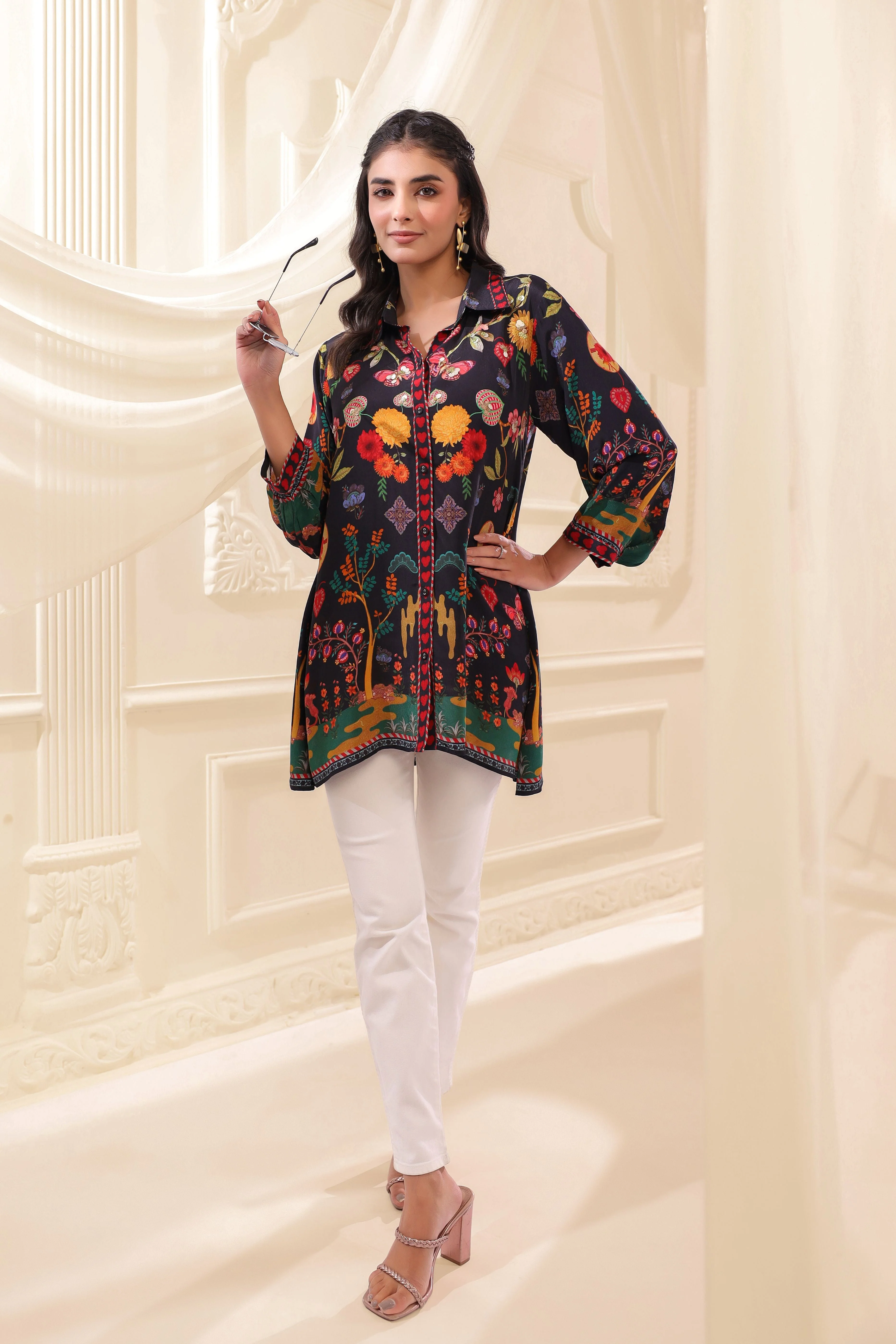 Midnight Garden Printed Crepe Silk Top