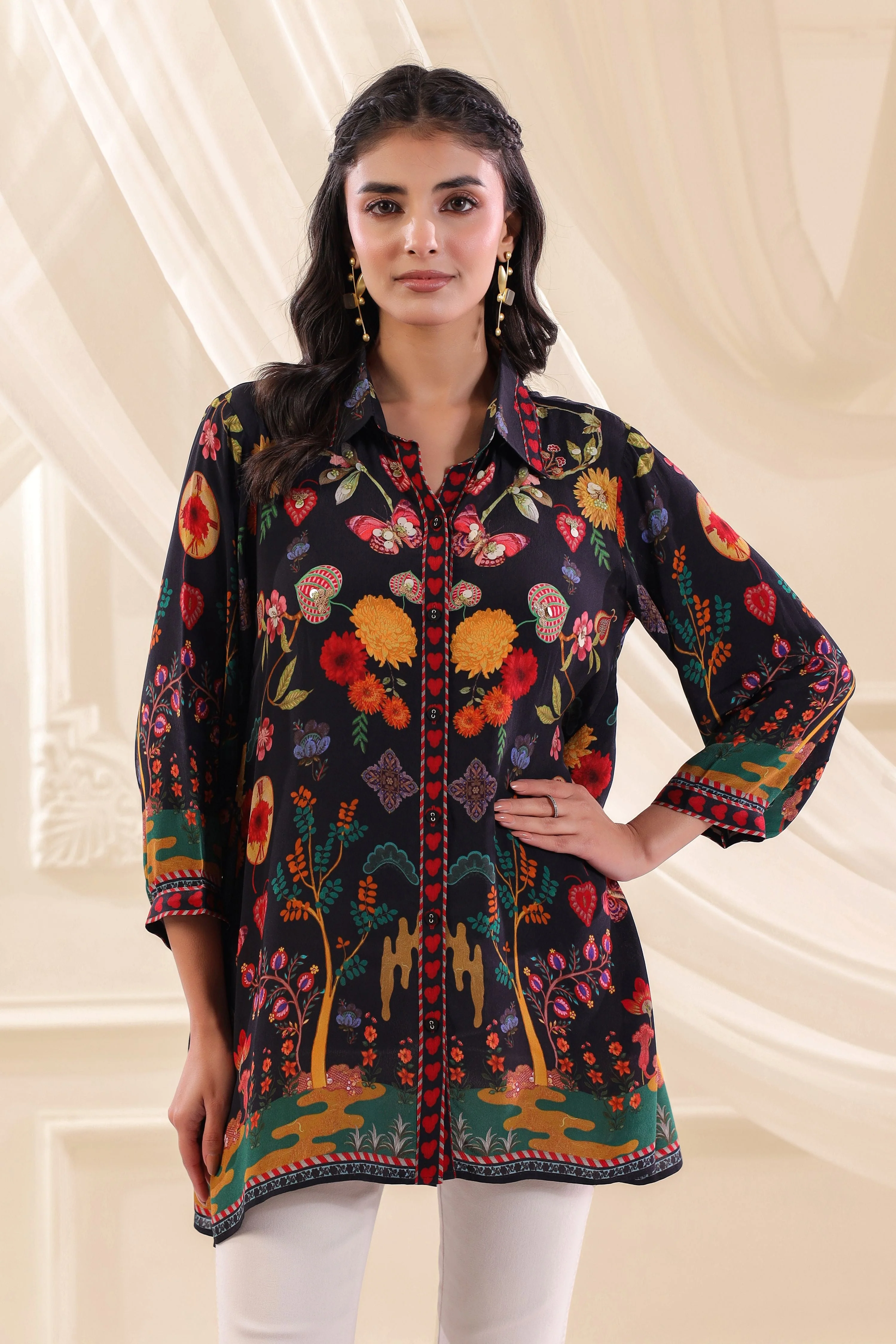Midnight Garden Printed Crepe Silk Top - Image 2
