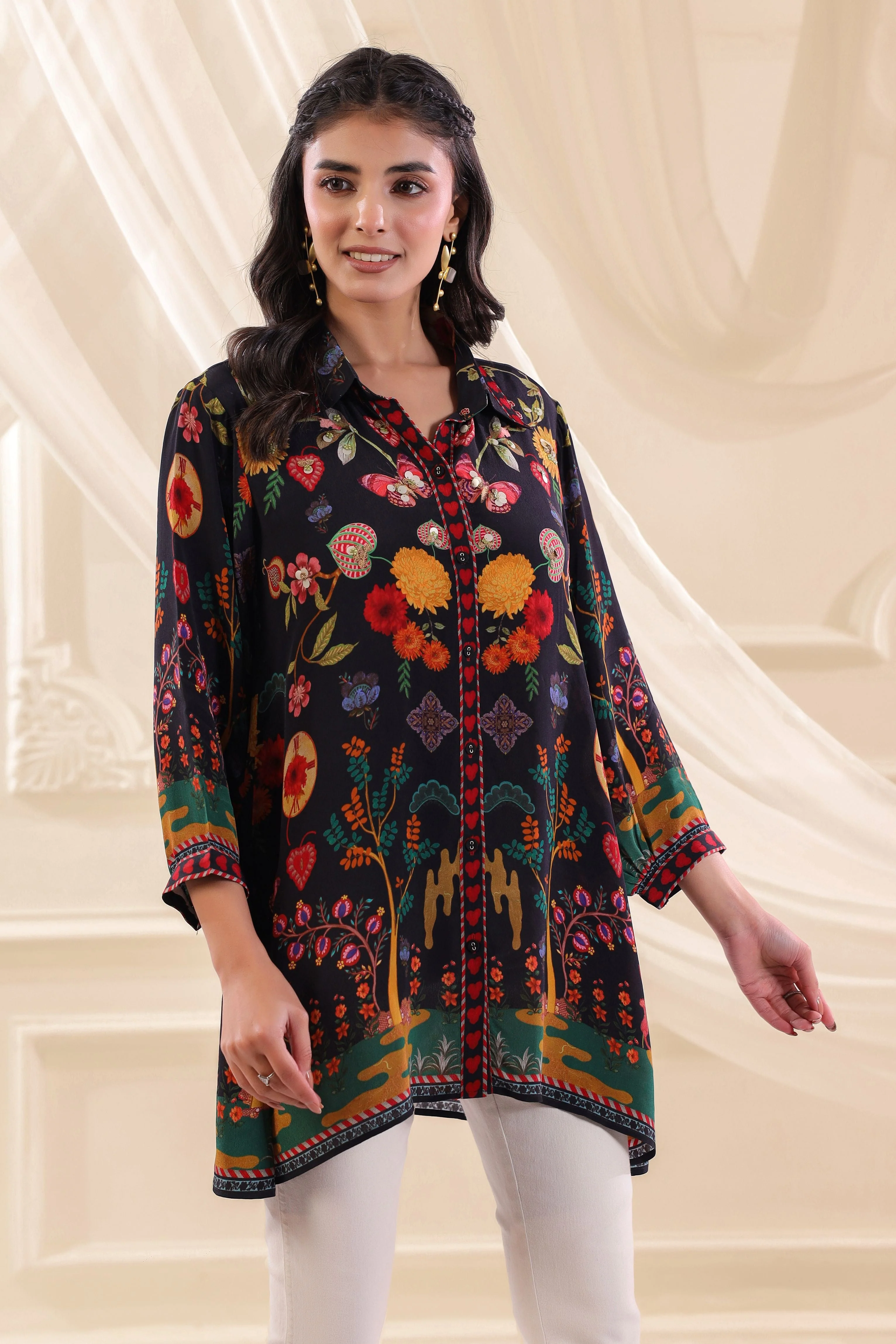 Midnight Garden Printed Crepe Silk Top - Image 3