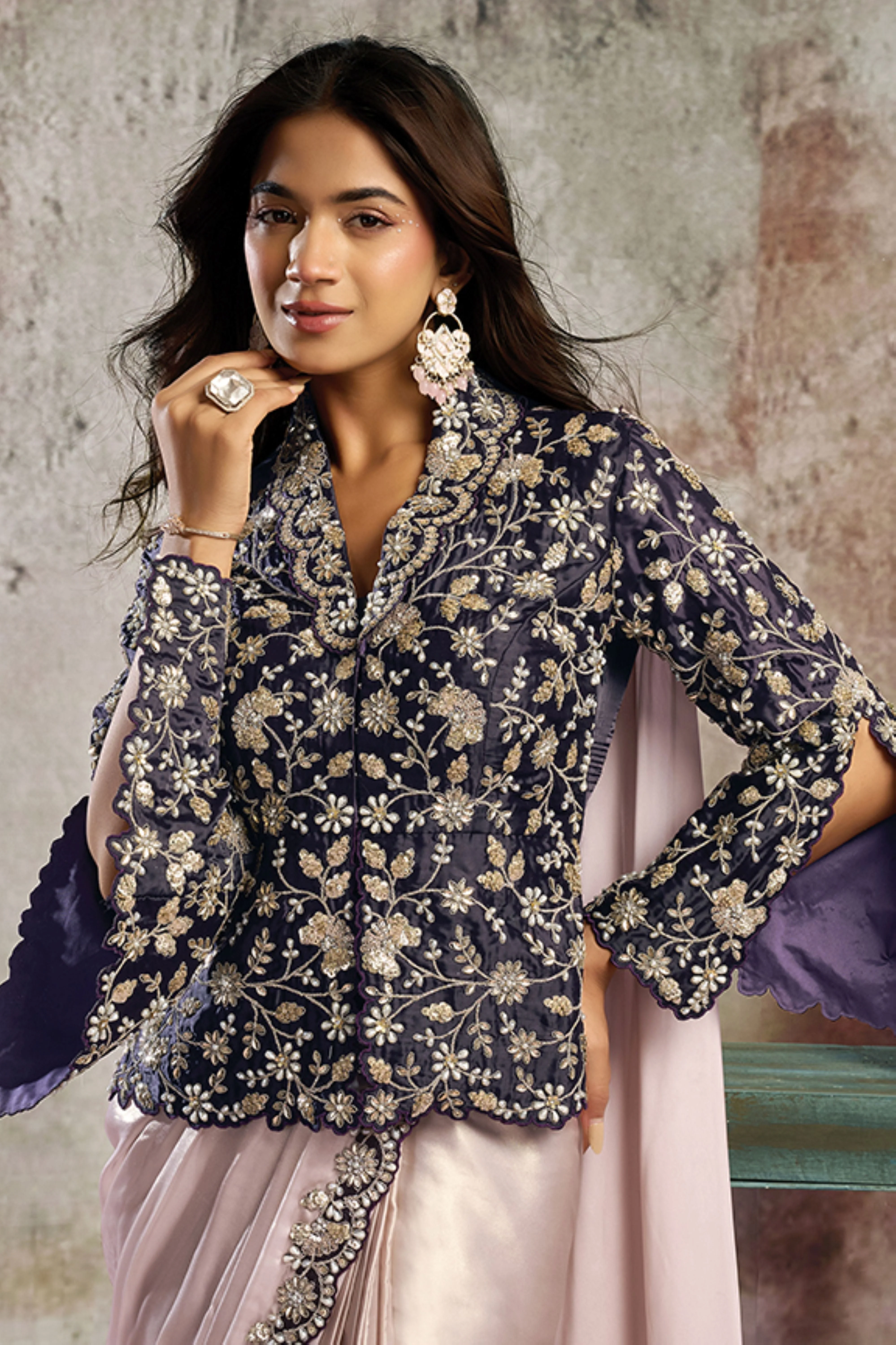 Midnight Lavender Embellished Satin Silk Draped Saree - Image 2