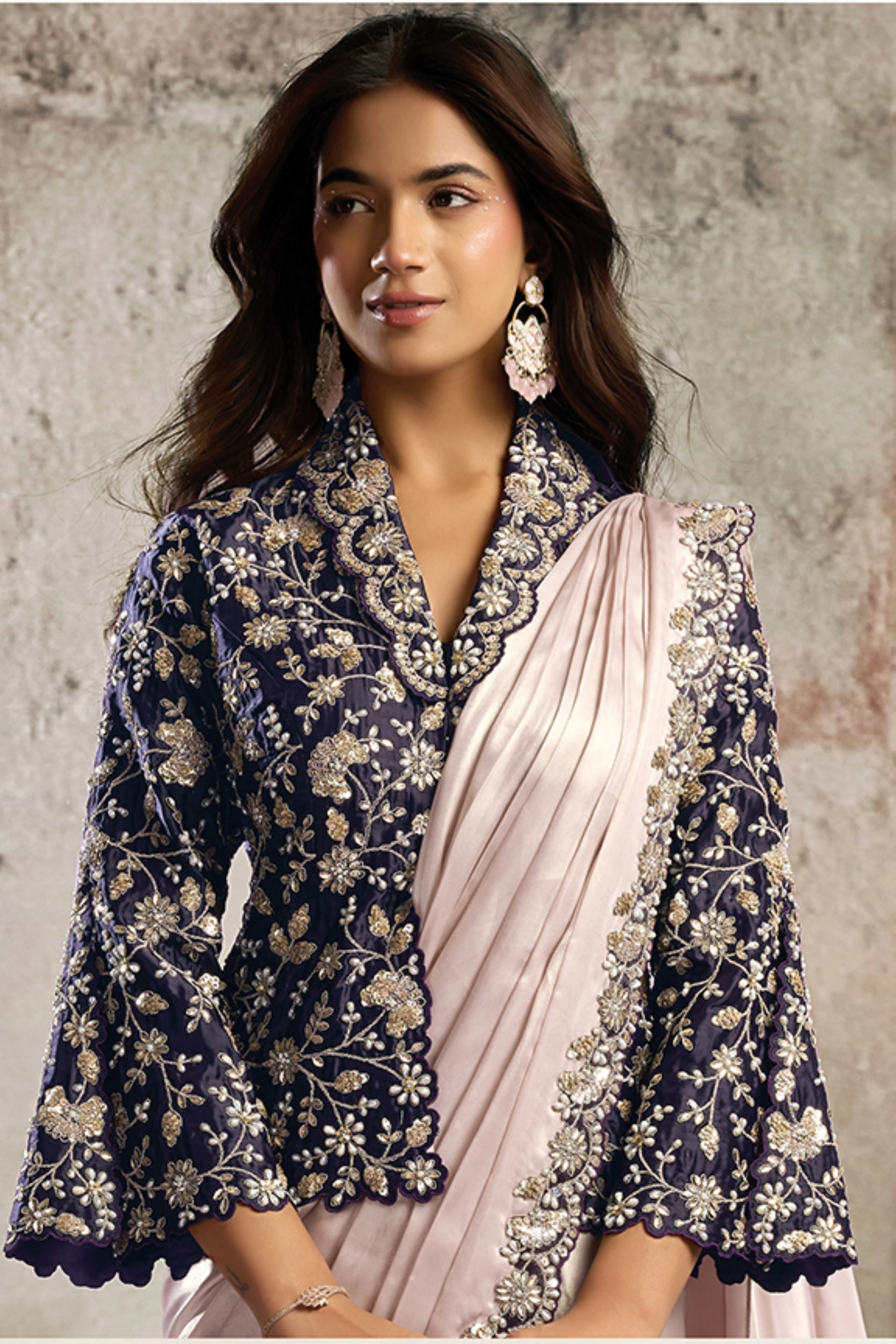Midnight Lavender Embellished Satin Silk Draped Saree - Image 3