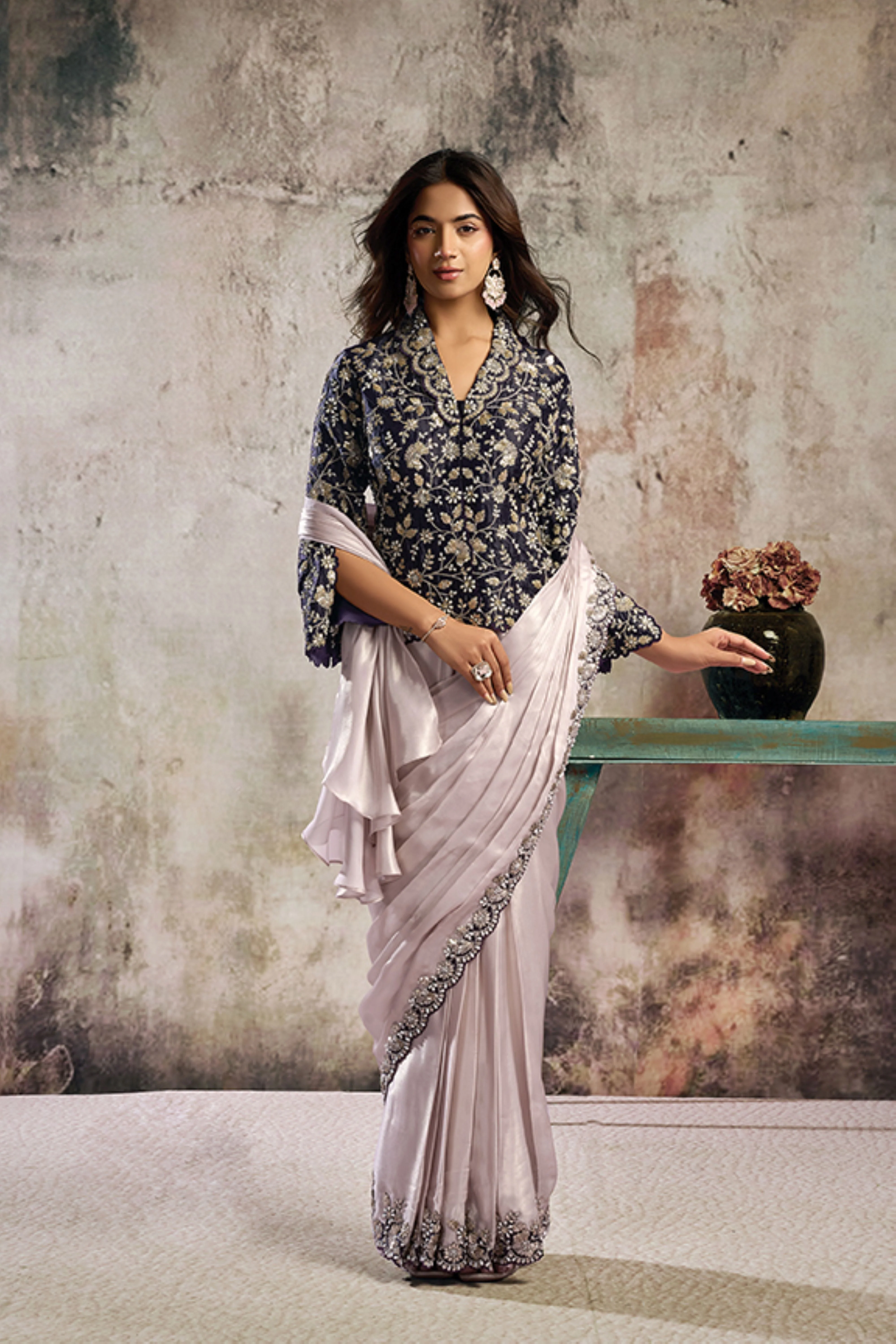 Midnight Lavender Embellished Satin Silk Draped Saree - Image 4