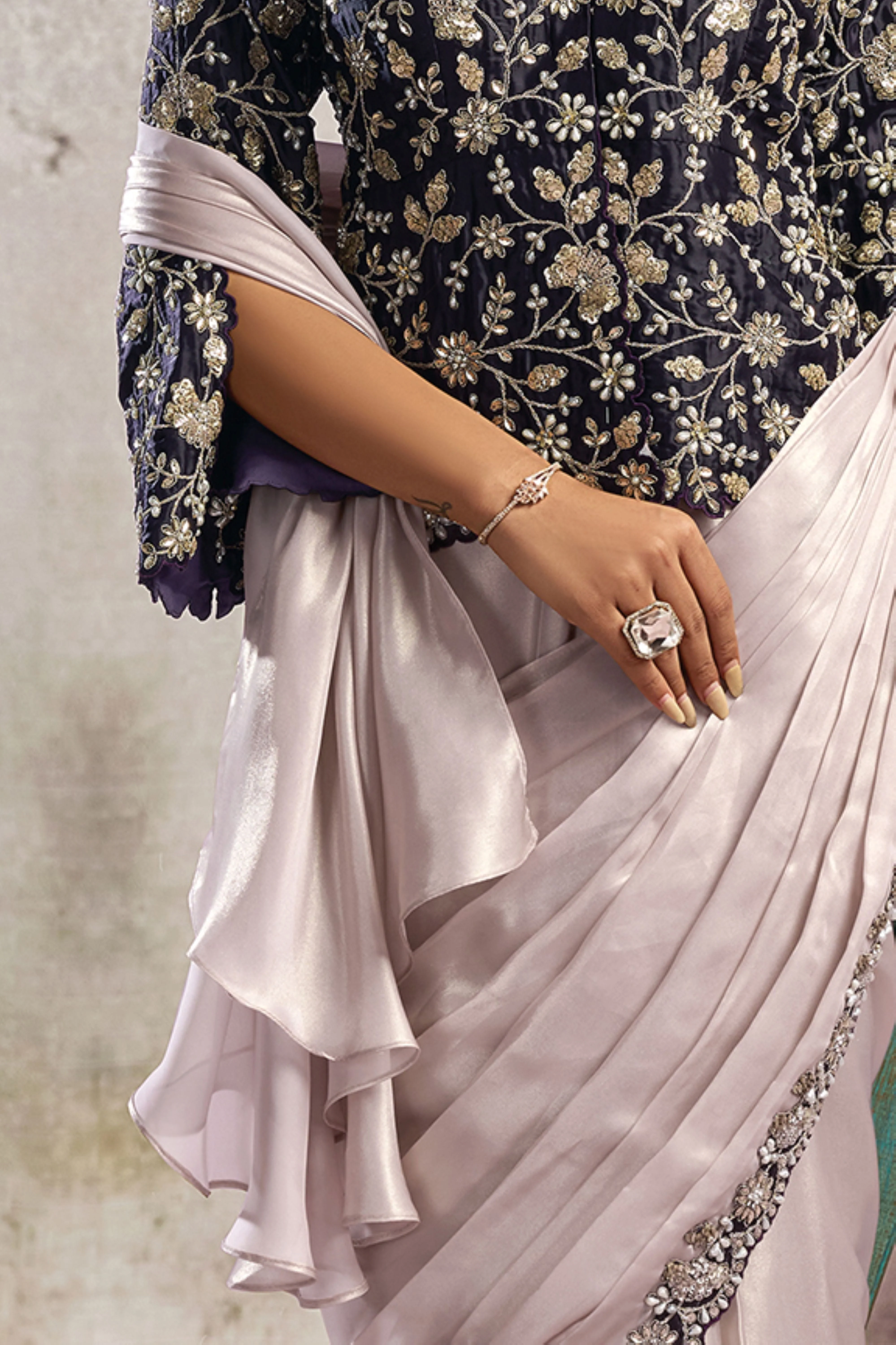 Midnight Lavender Embellished Satin Silk Draped Saree - Image 5
