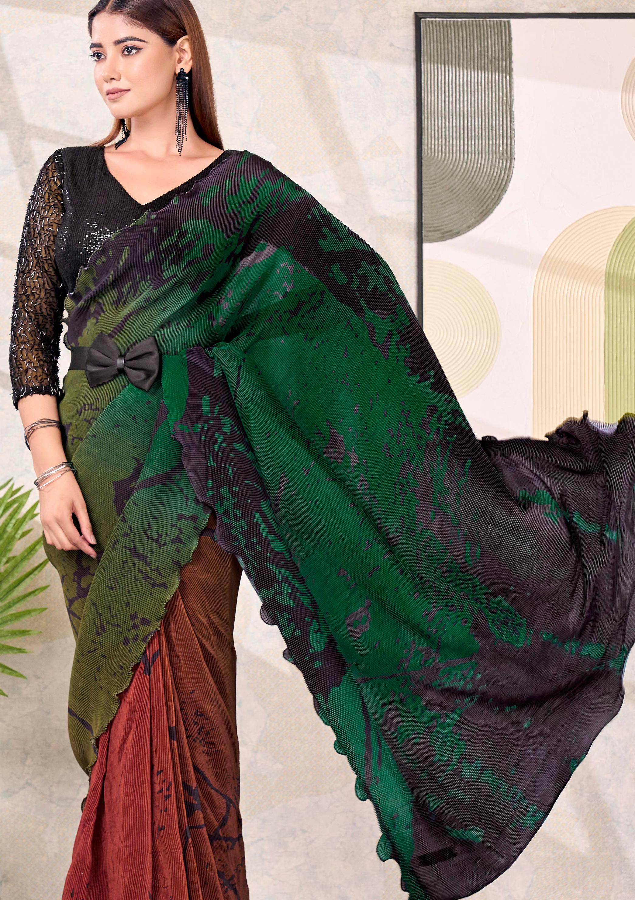 Midnight Noir Embroidered Satin Silk Saree - Image 3