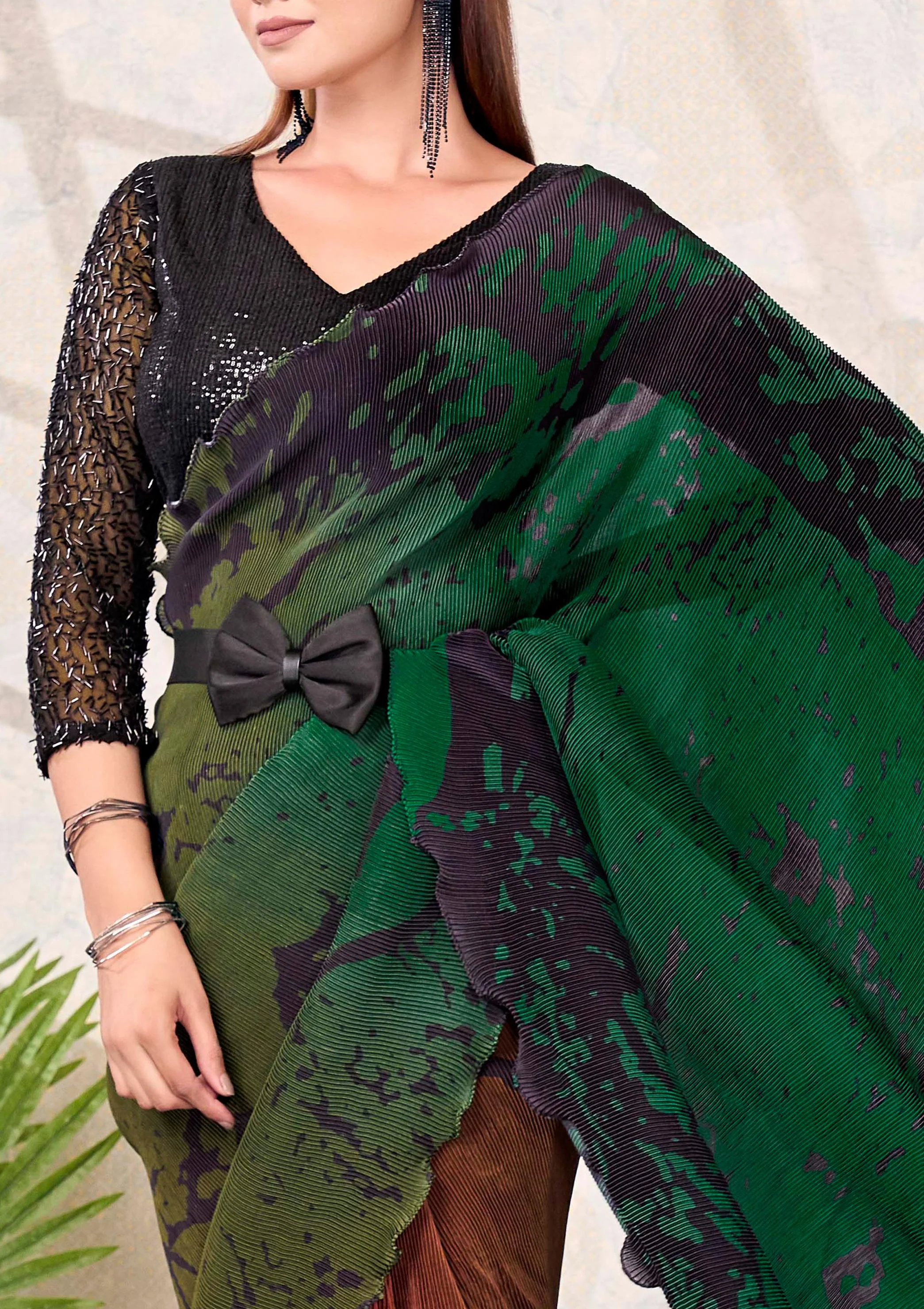 Midnight Noir Embroidered Satin Silk Saree - Image 4