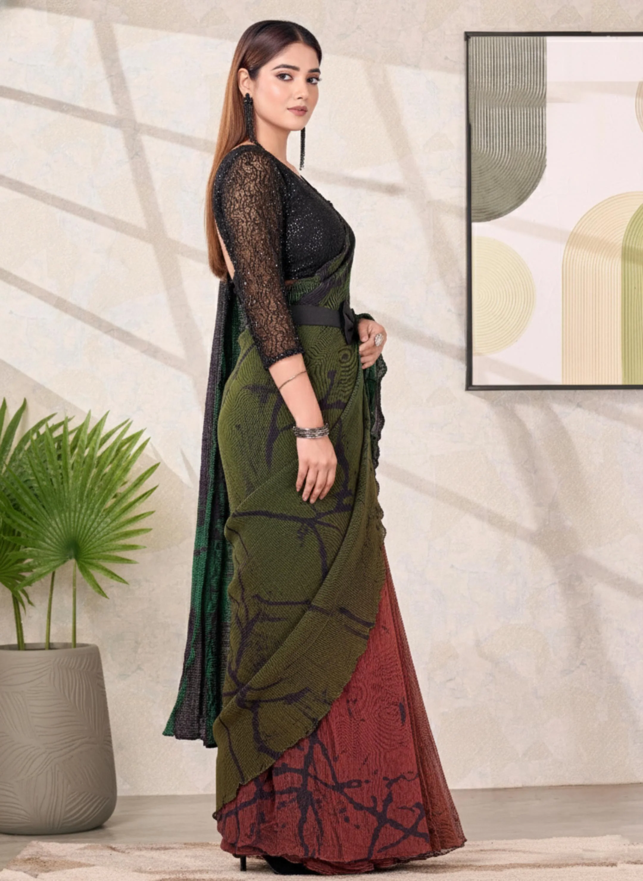 Midnight Noir Embroidered Satin Silk Saree - Image 6
