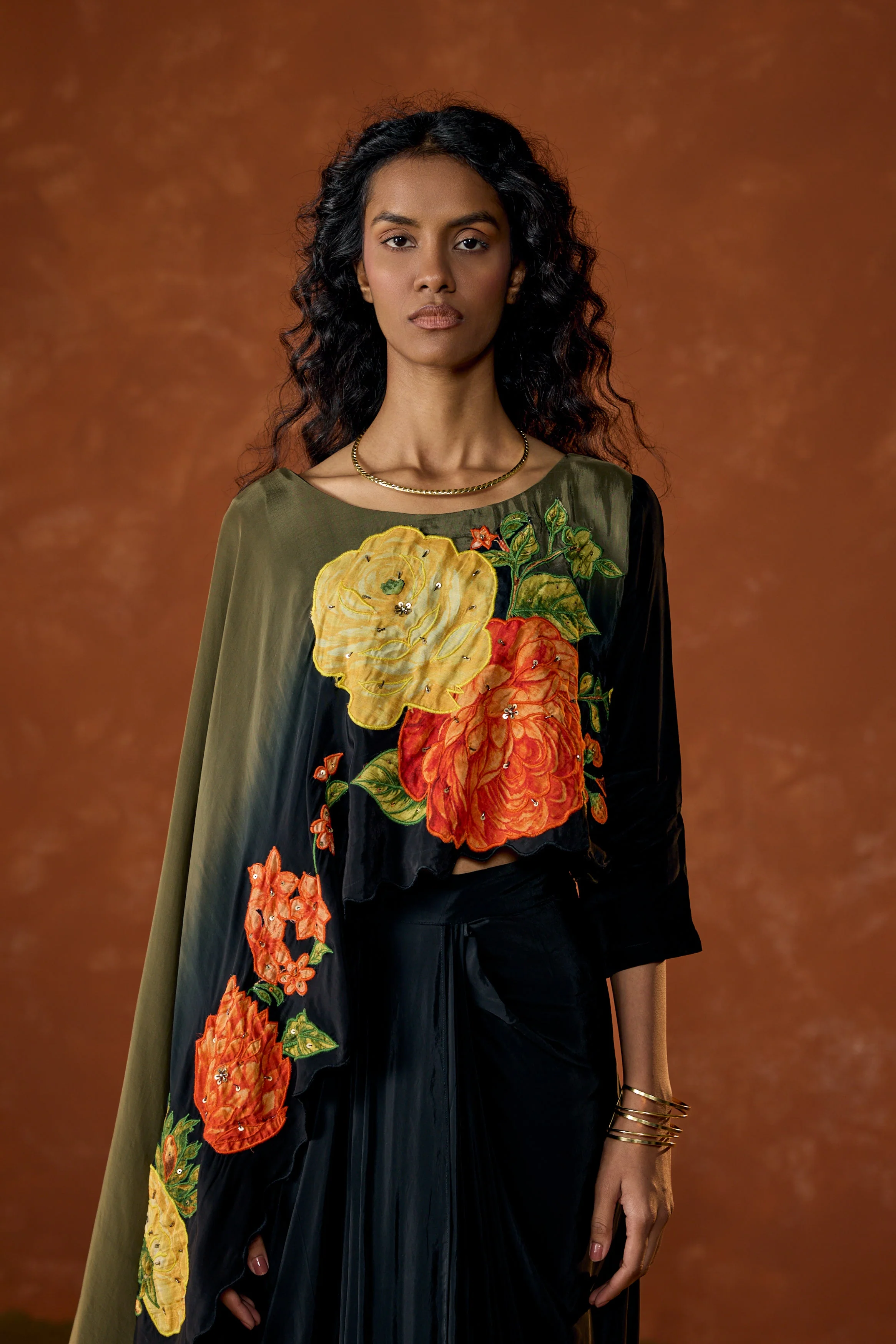 Midnight Olive Embellished Satin Silk Drape Skirt Set - Image 3