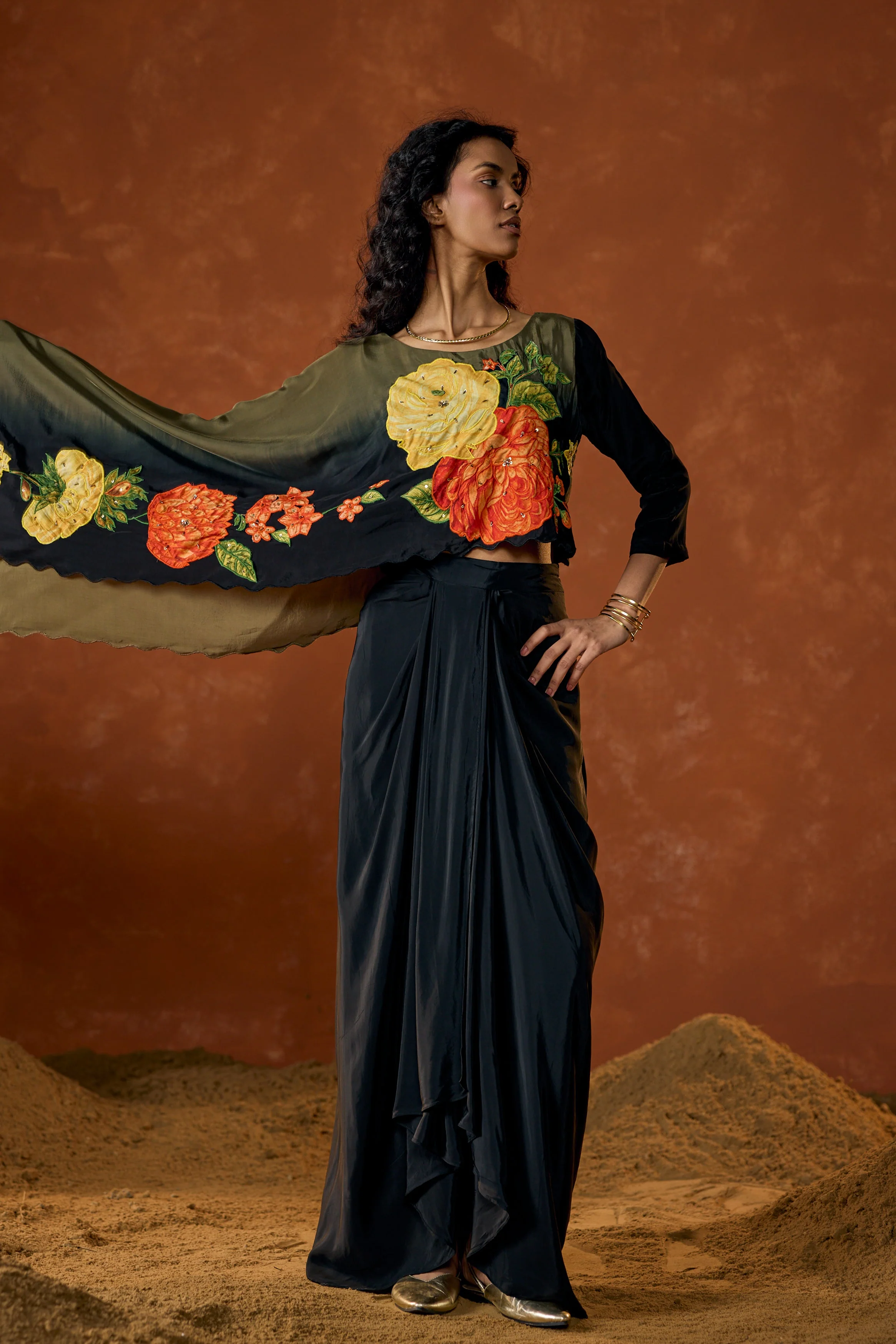 Midnight Olive Embellished Satin Silk Drape Skirt Set - Image 4