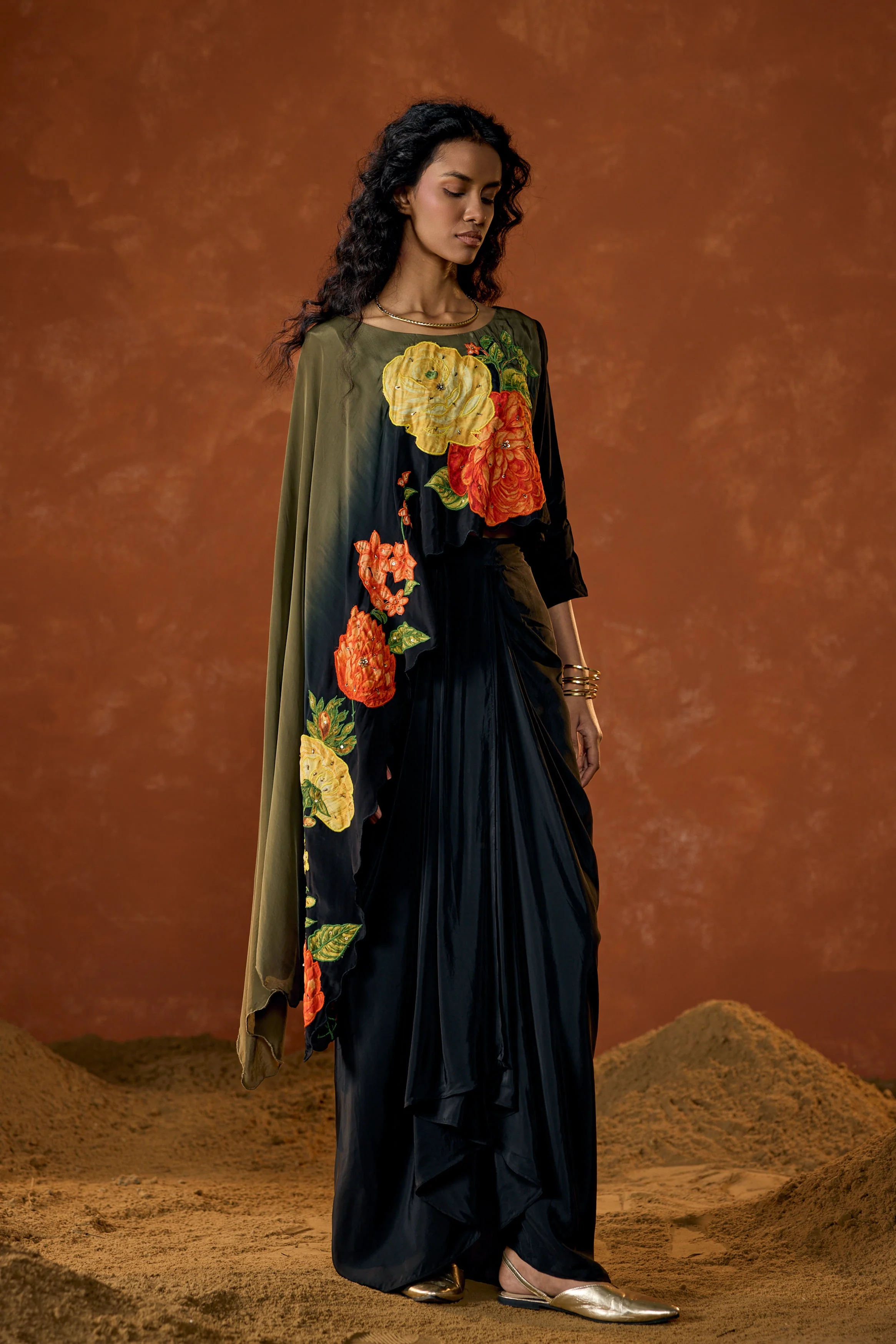 Midnight Olive Embellished Satin Silk Drape Skirt Set - Image 5