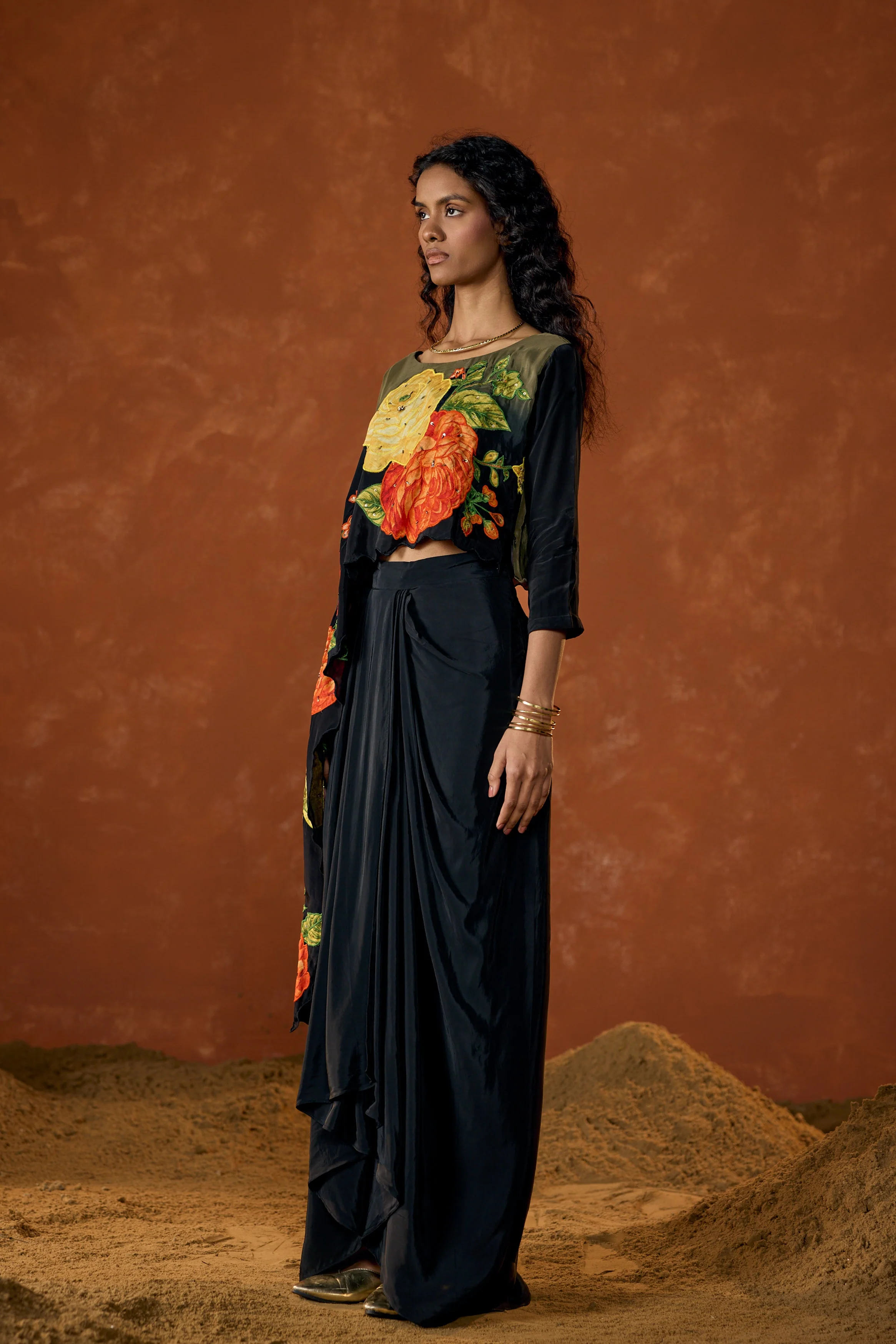 Midnight Olive Embellished Satin Silk Drape Skirt Set - Image 6