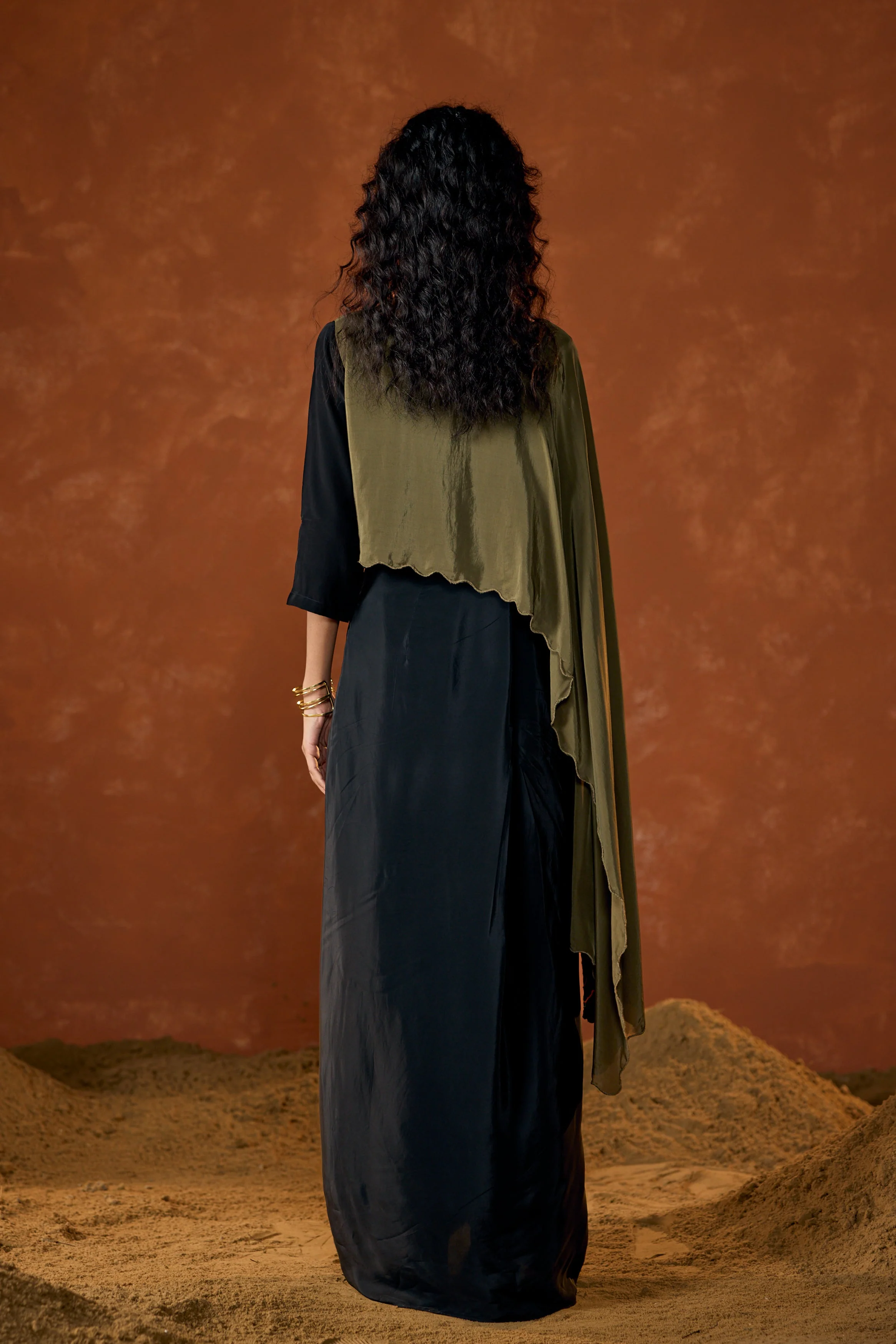 Midnight Olive Embellished Satin Silk Drape Skirt Set - Image 7