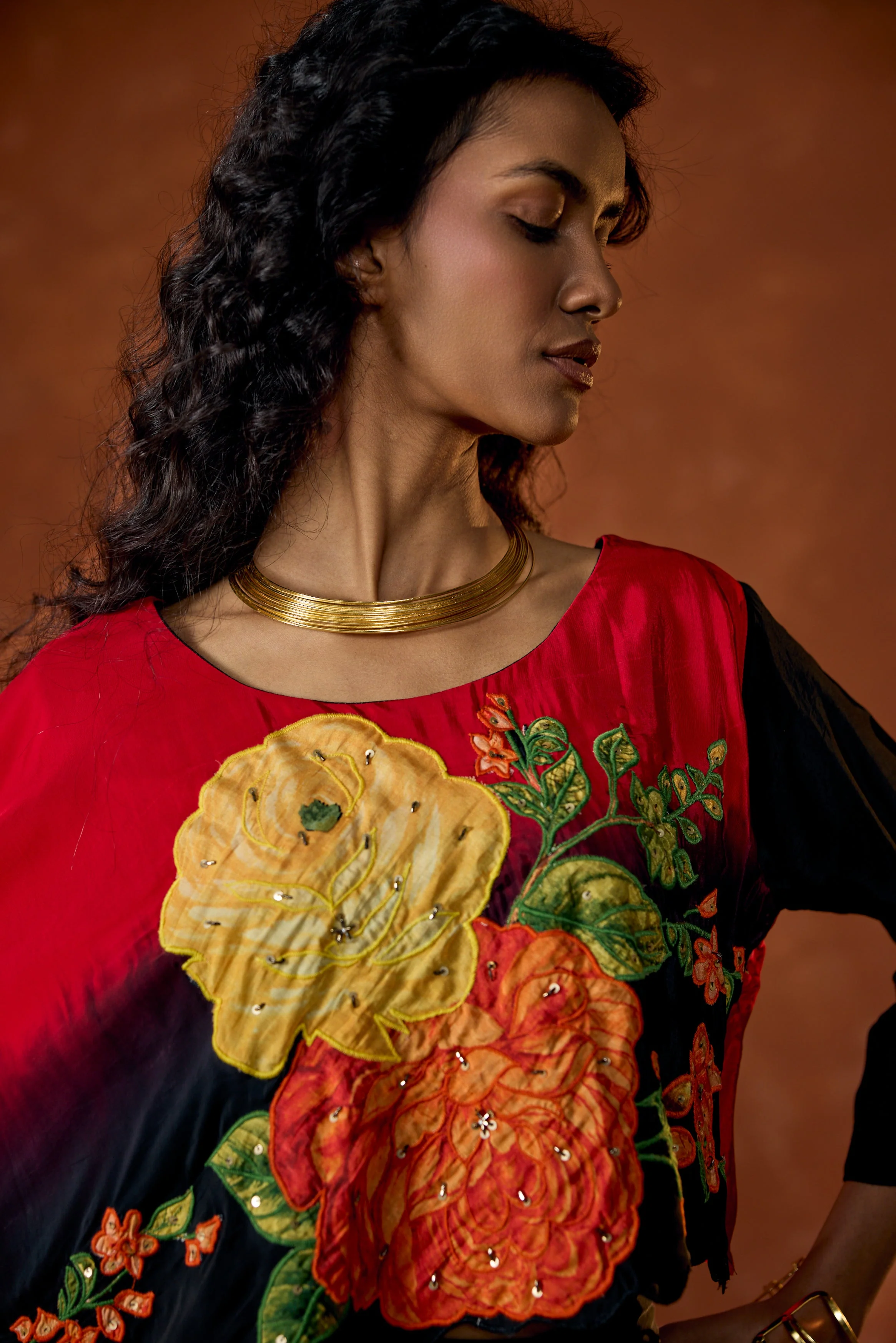 Crimson Red Embellished Satin Silk Drape Skirt Set - Image 2