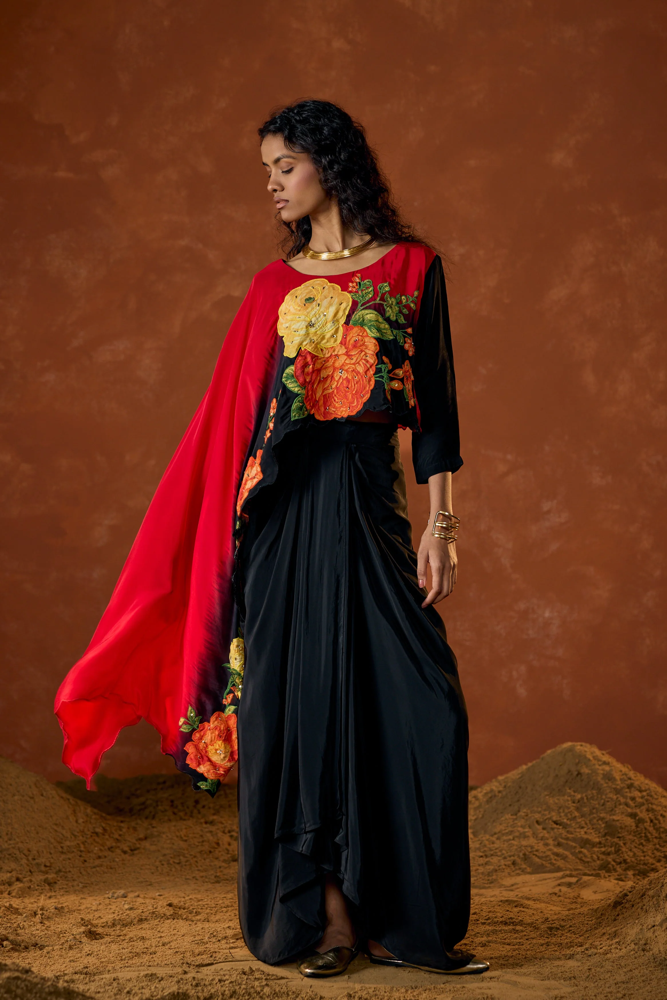 Crimson Red Embellished Satin Silk Drape Skirt Set - Image 4