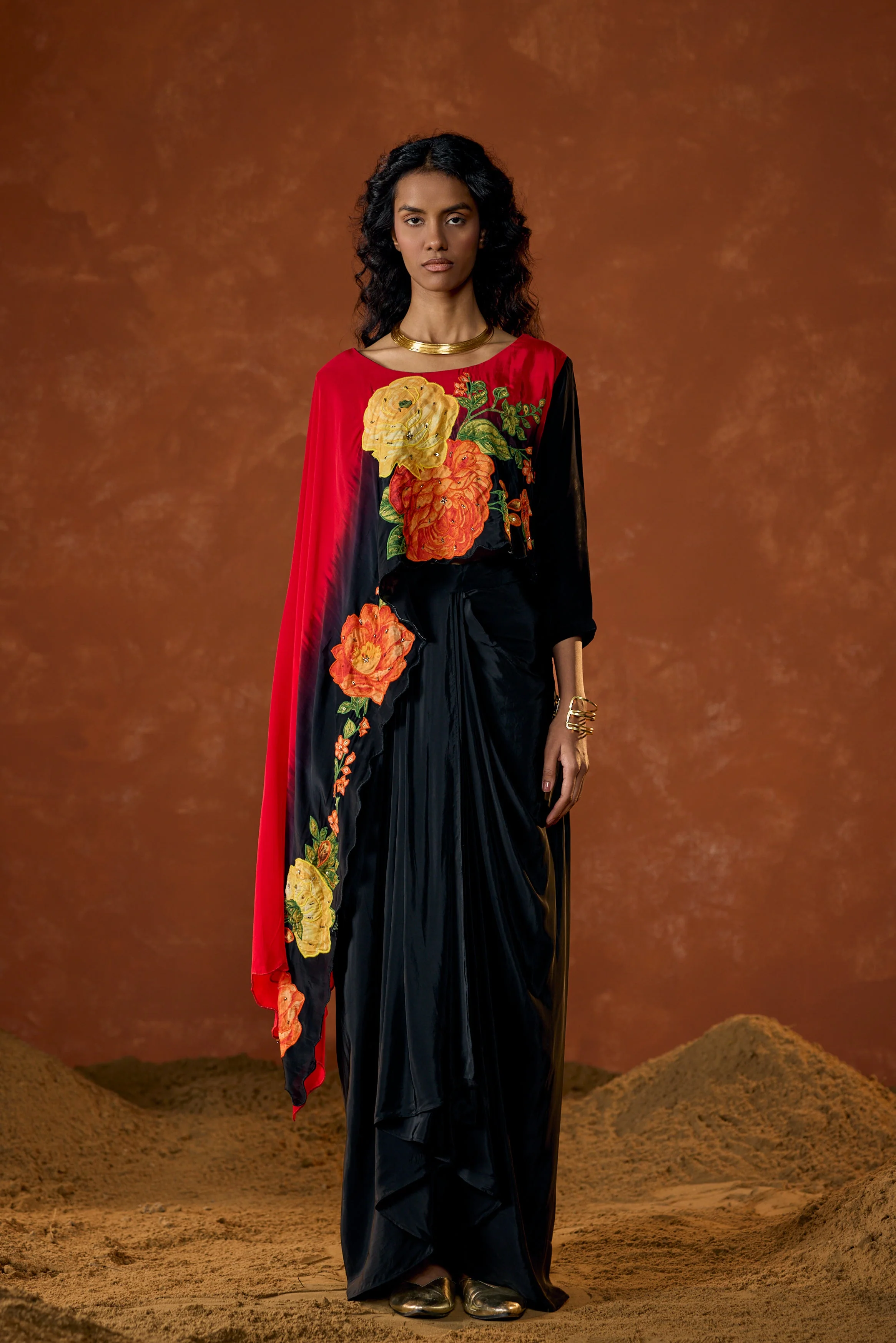 Crimson Red Embellished Satin Silk Drape Skirt Set - Image 5