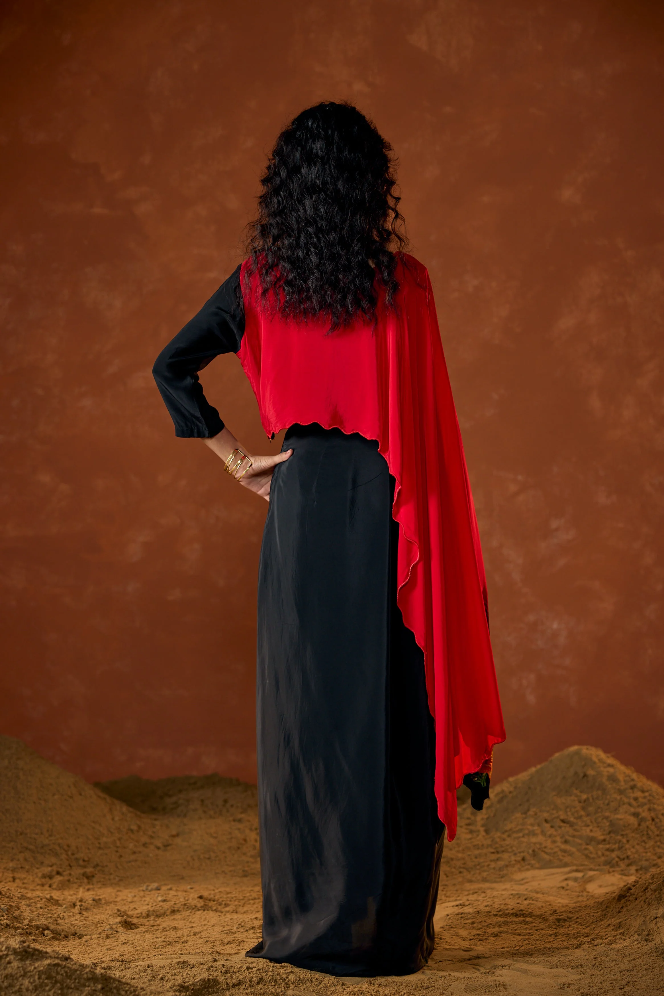 Crimson Red Embellished Satin Silk Drape Skirt Set - Image 6