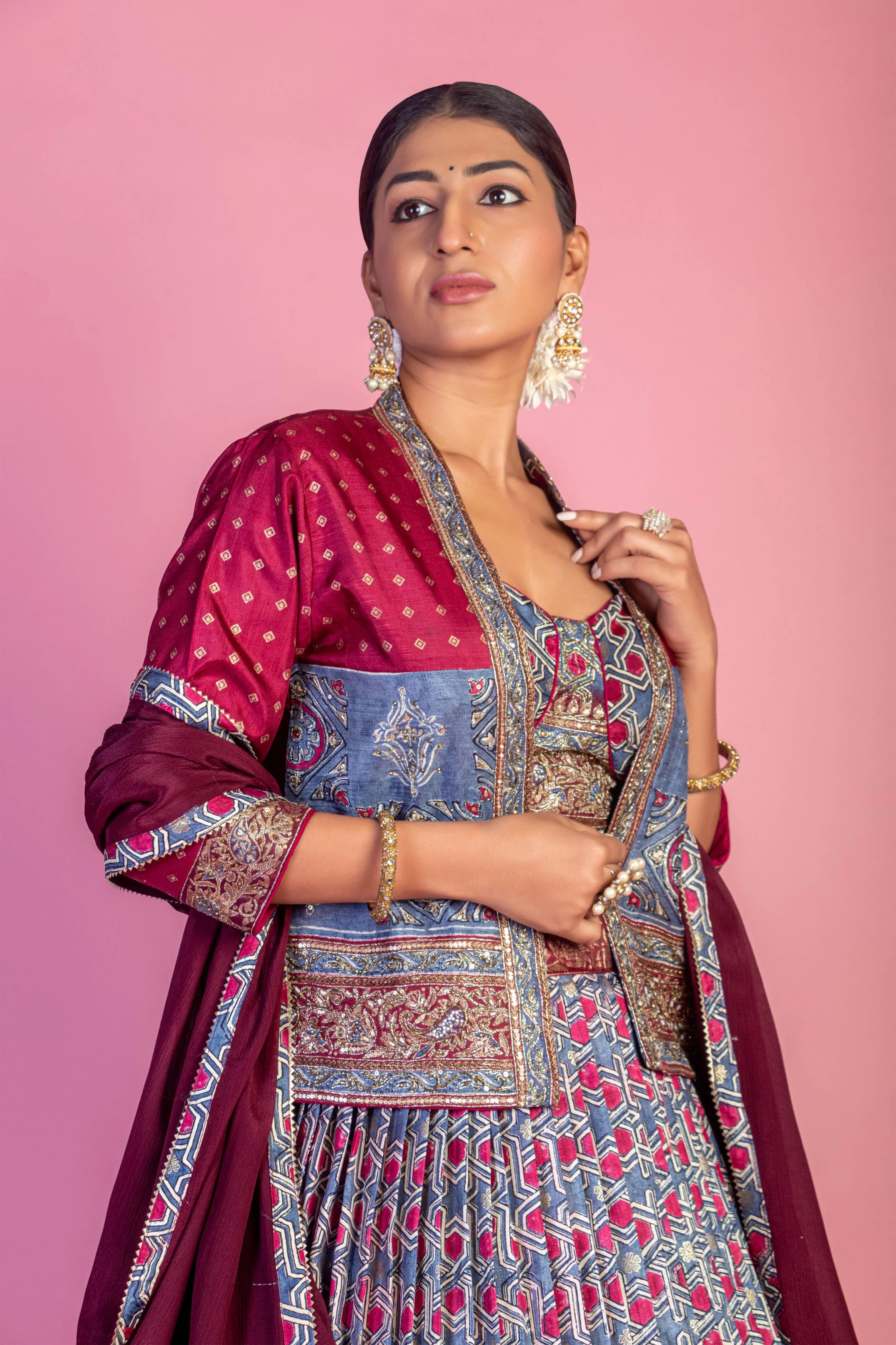 Multi Color Printed Brocade Silk Lehanga Set - Image 2