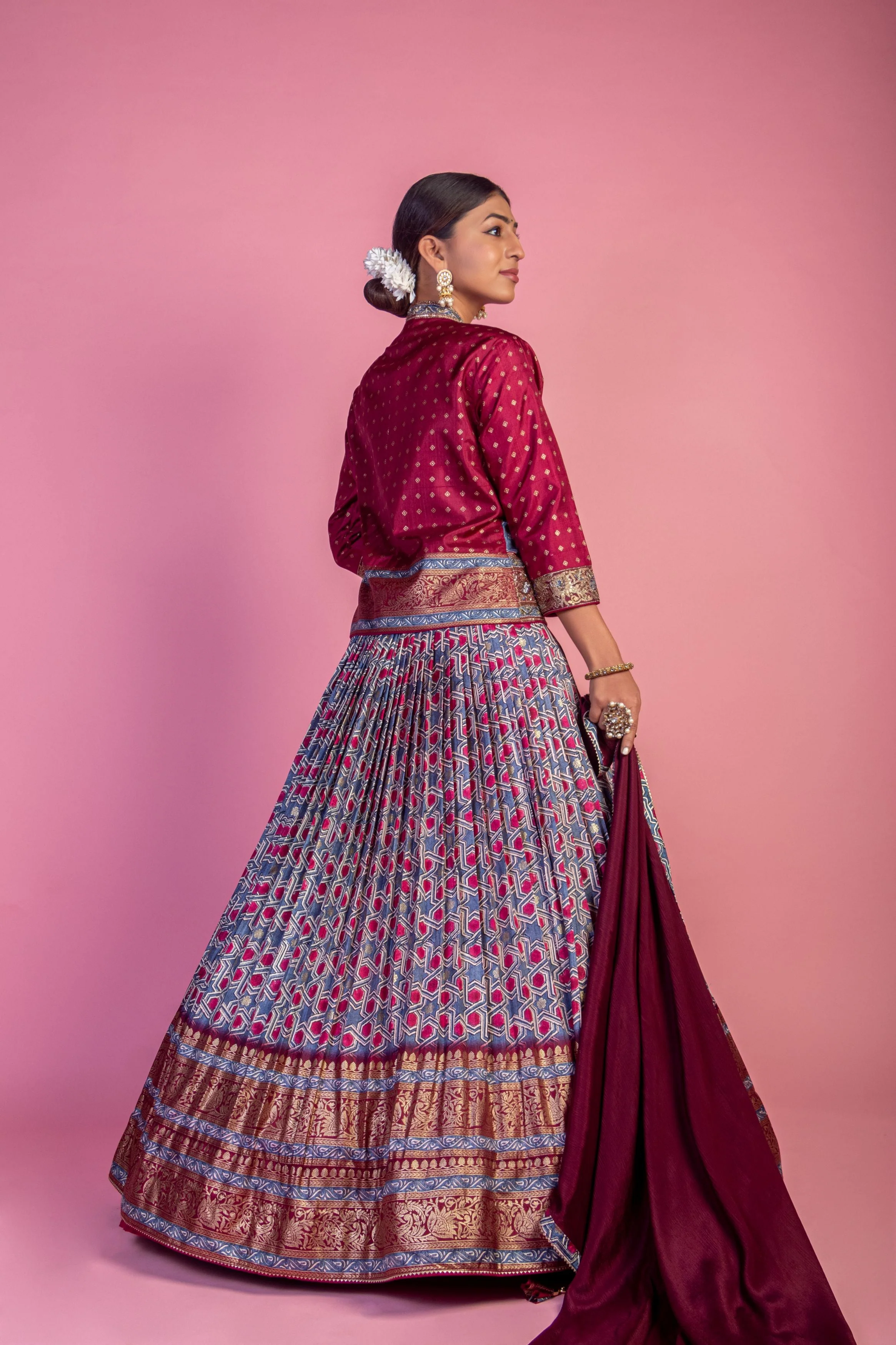 Multi Color Printed Brocade Silk Lehanga Set - Image 3