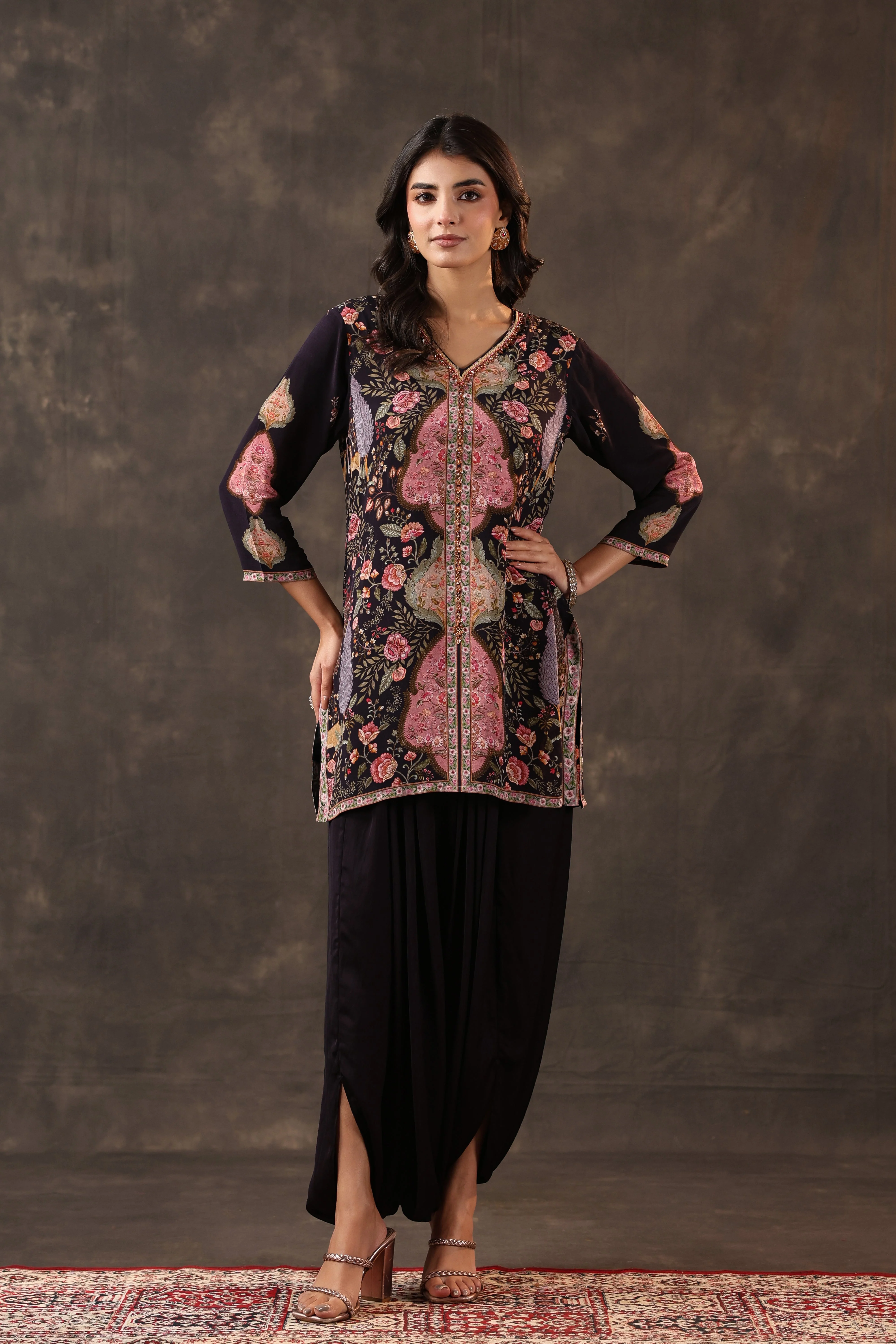 Midnight Rose Printed Crepe Silk Dhoti Set