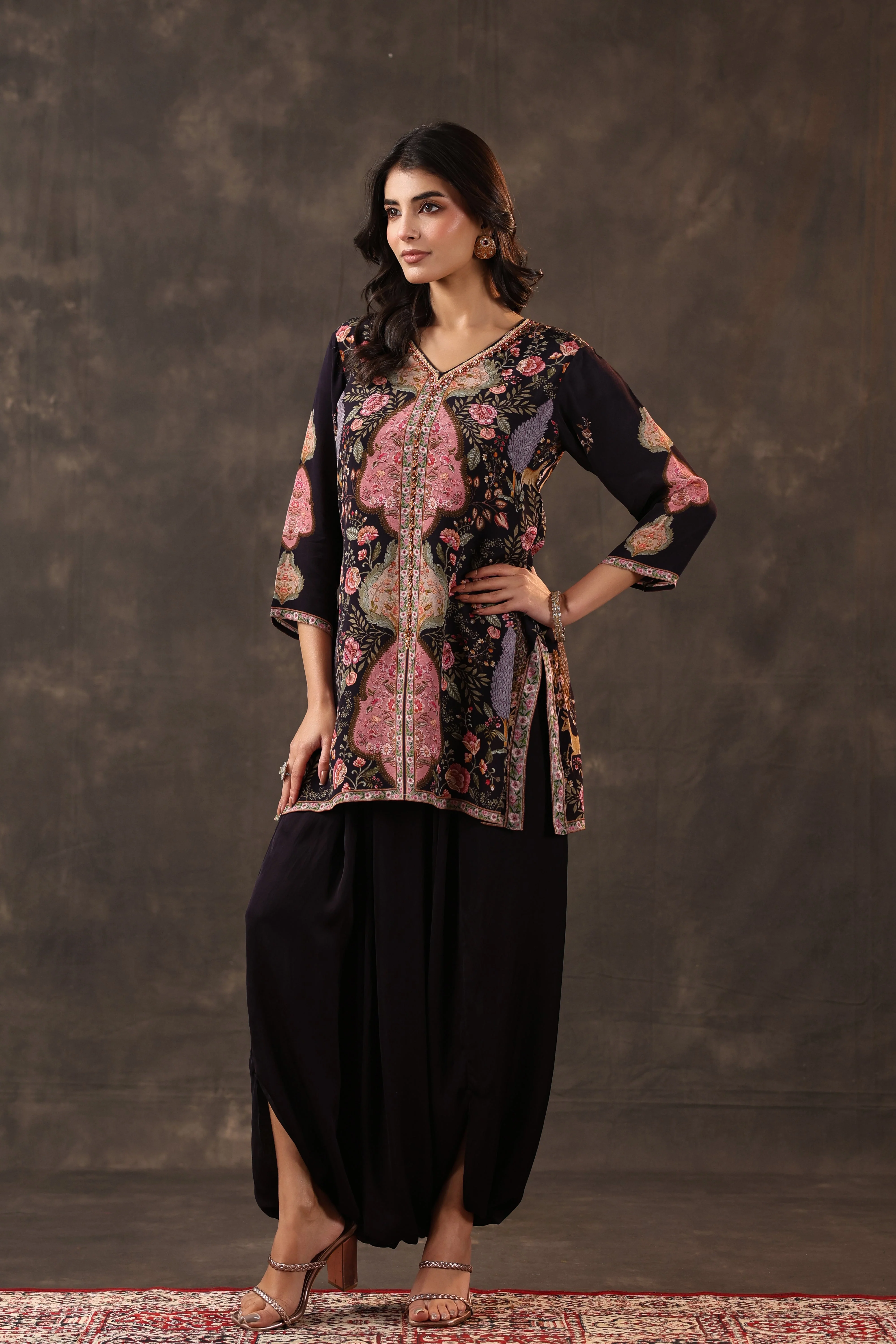 Midnight Rose Printed Crepe Silk Dhoti Set - Image 3
